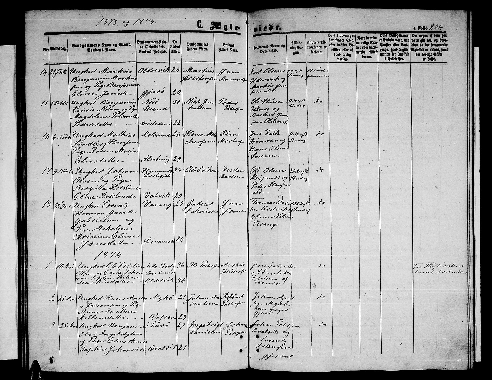 Ministerialprotokoller, klokkerbøker og fødselsregistre - Nordland, SAT/A-1459/841/L0619: Parish register (copy) no. 841C03, 1856-1876, p. 204