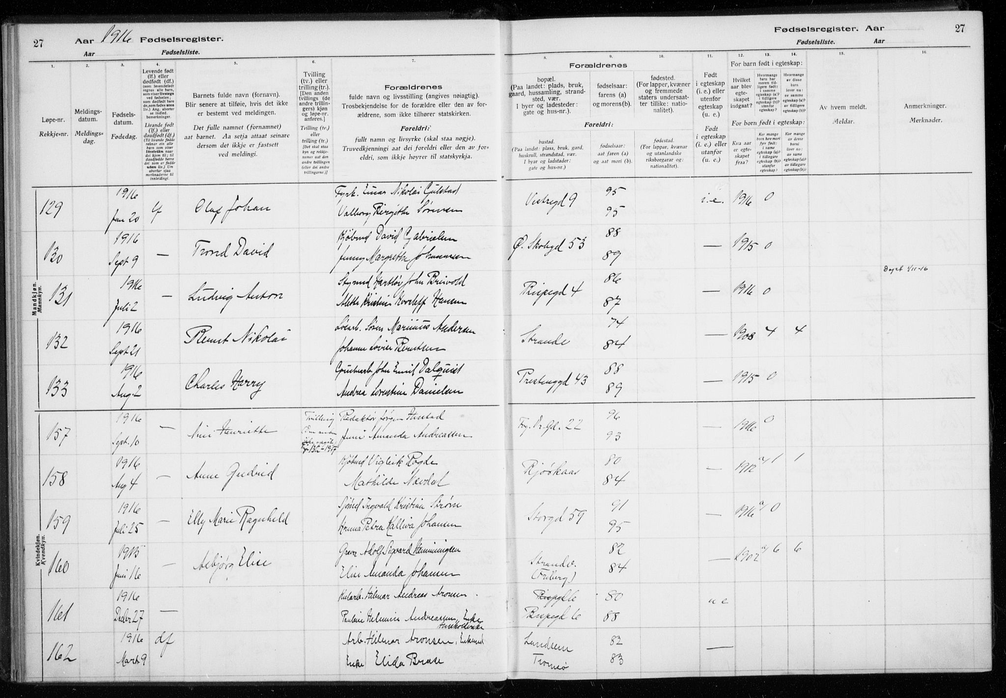 Tromsø sokneprestkontor/stiftsprosti/domprosti, AV/SATØ-S-1343/H/Ha/L0131: Birth register no. 131, 1916-1921, p. 27