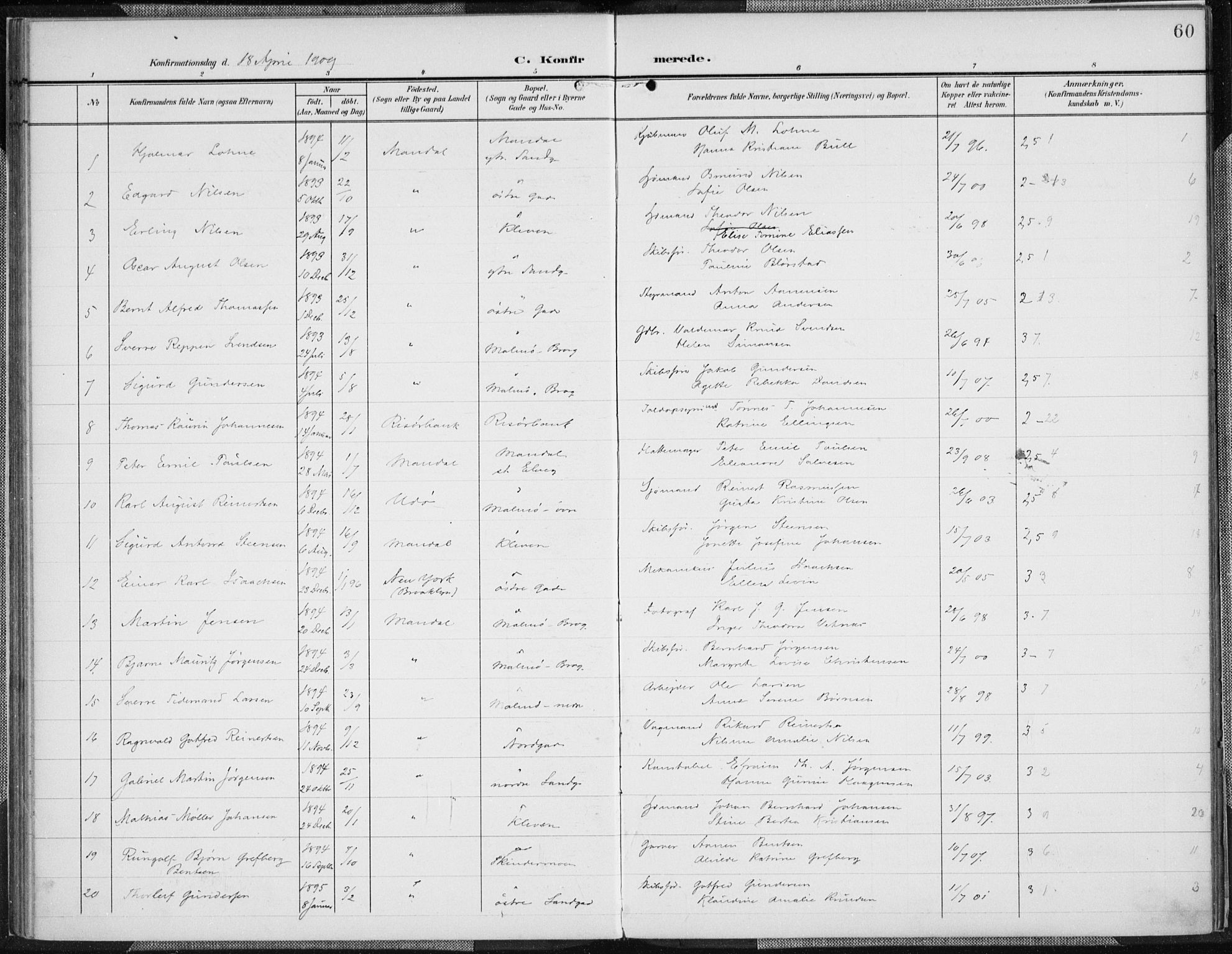 Mandal sokneprestkontor, SAK/1111-0030/F/Fa/Faa/L0019: Parish register (official) no. A 19, 1902-1912, p. 60