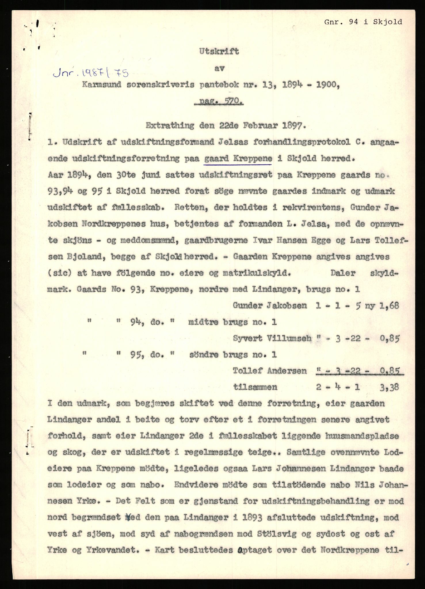 Statsarkivet i Stavanger, SAST/A-101971/03/Y/Yj/L0048: Avskrifter sortert etter gårdsnavn: Kluge - Kristianslyst, 1750-1930, p. 454