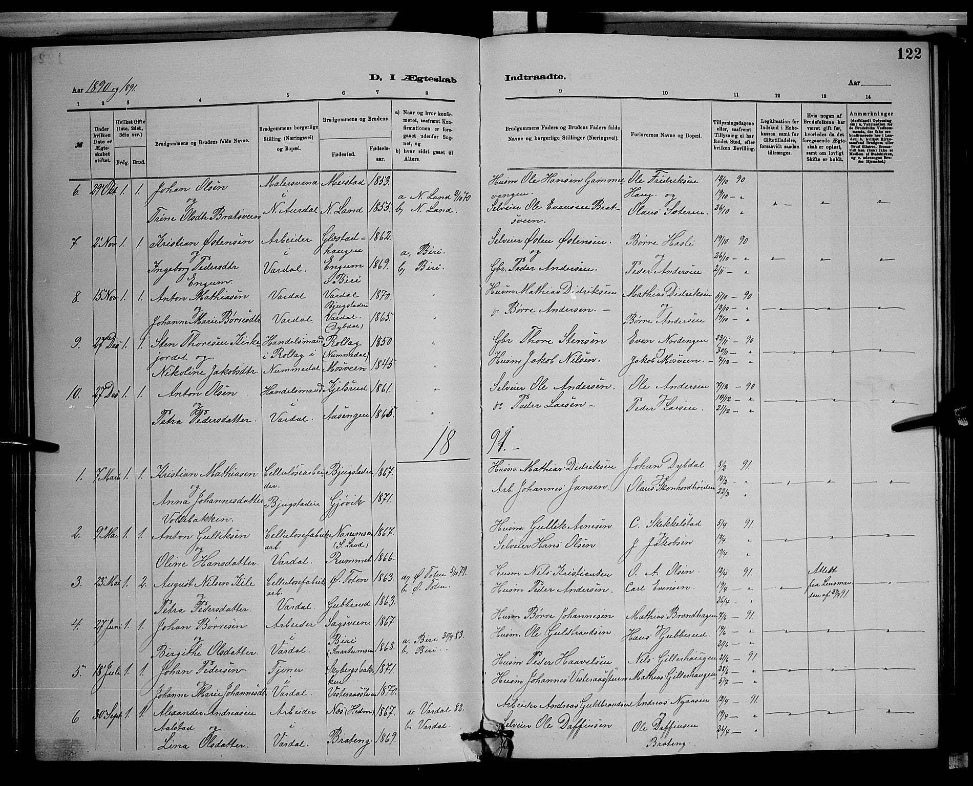 Vardal prestekontor, SAH/PREST-100/H/Ha/Hab/L0008: Parish register (copy) no. 8, 1881-1898, p. 122