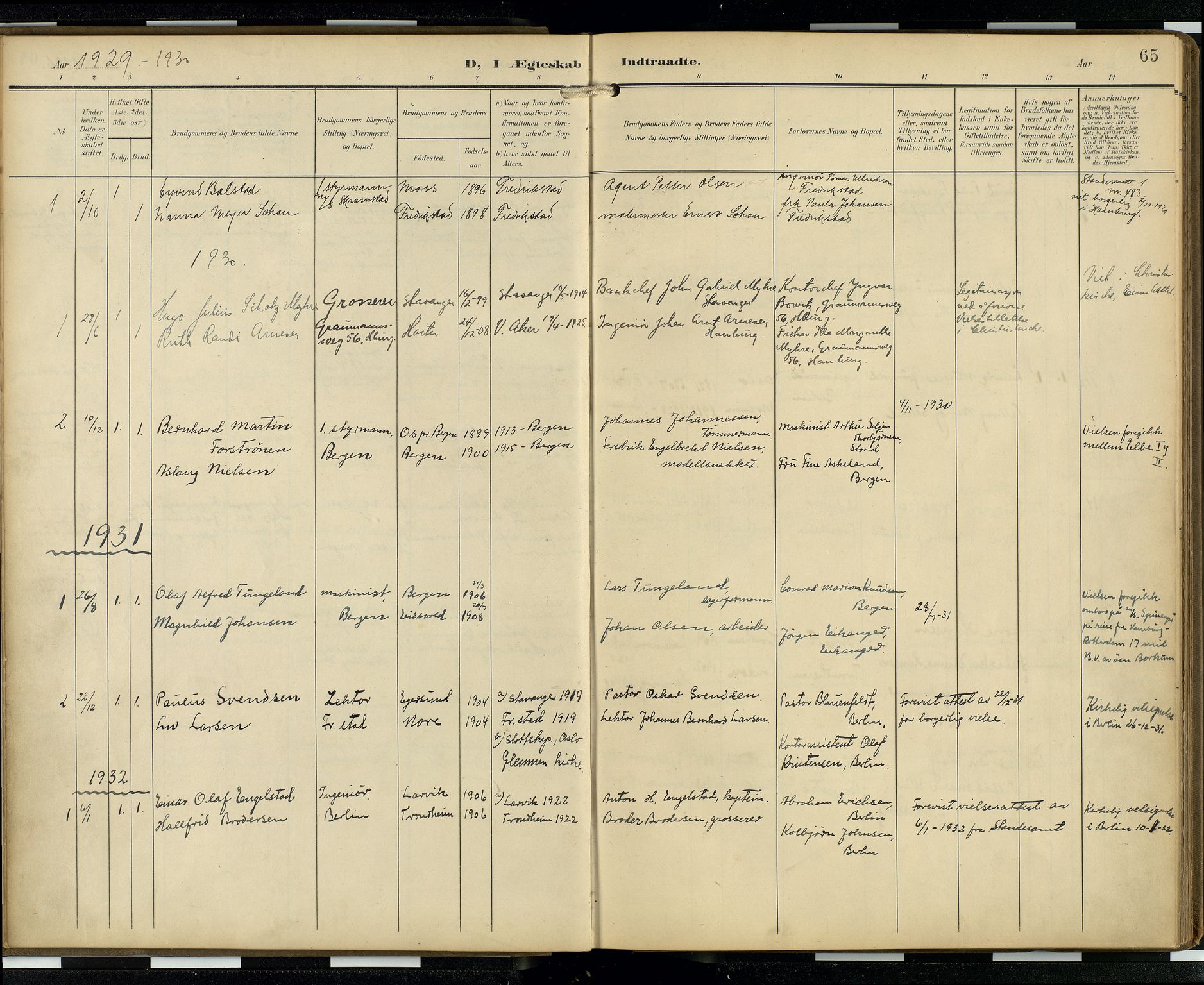 Den norske sjømannsmisjon i utlandet/Hamburg, AV/SAB-SAB/PA-0107/H/Ha/L0001: Parish register (official) no. A 1, 1907-1951, p. 64b-65a