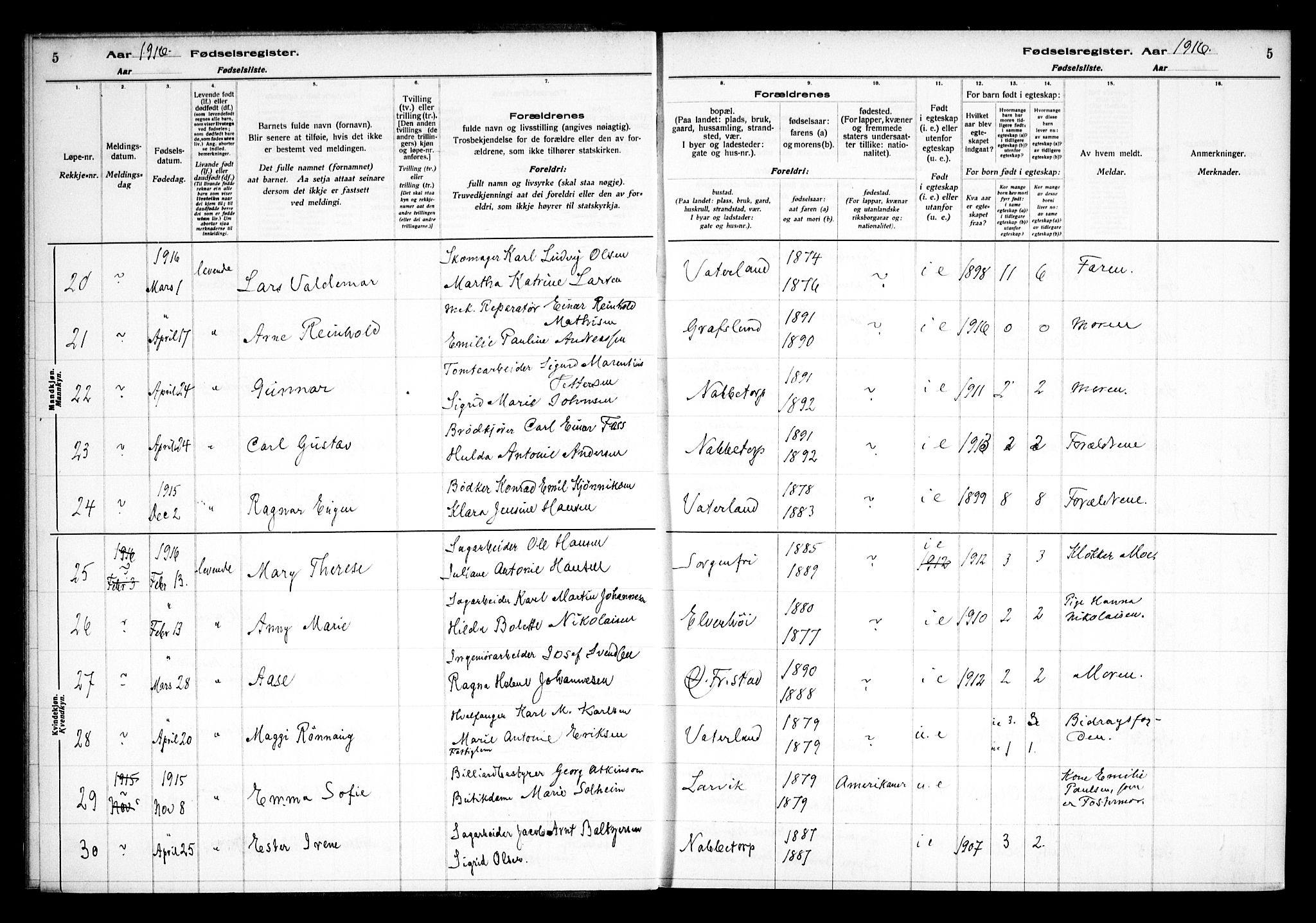 Østre Fredrikstad prestekontor Kirkebøker, AV/SAO-A-10907/J/Ja/L0001: Birth register no. 1, 1916-1936, p. 5