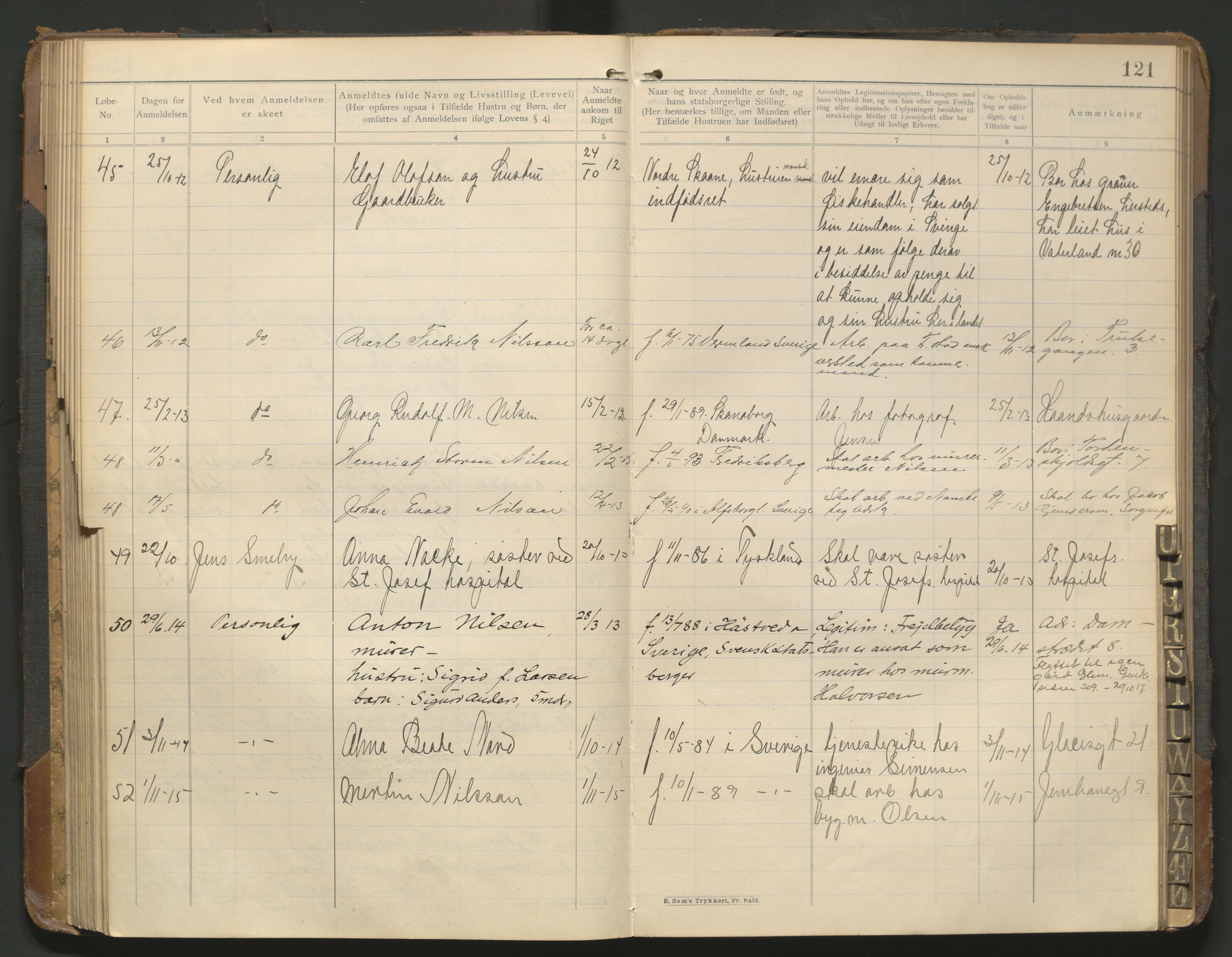 Fredrikstad politikammer, AV/SAO-A-10055/H/Hb/Hba/L0001: Protokoll over fremmede statsborgere, 1901-1916, p. 120b-121a