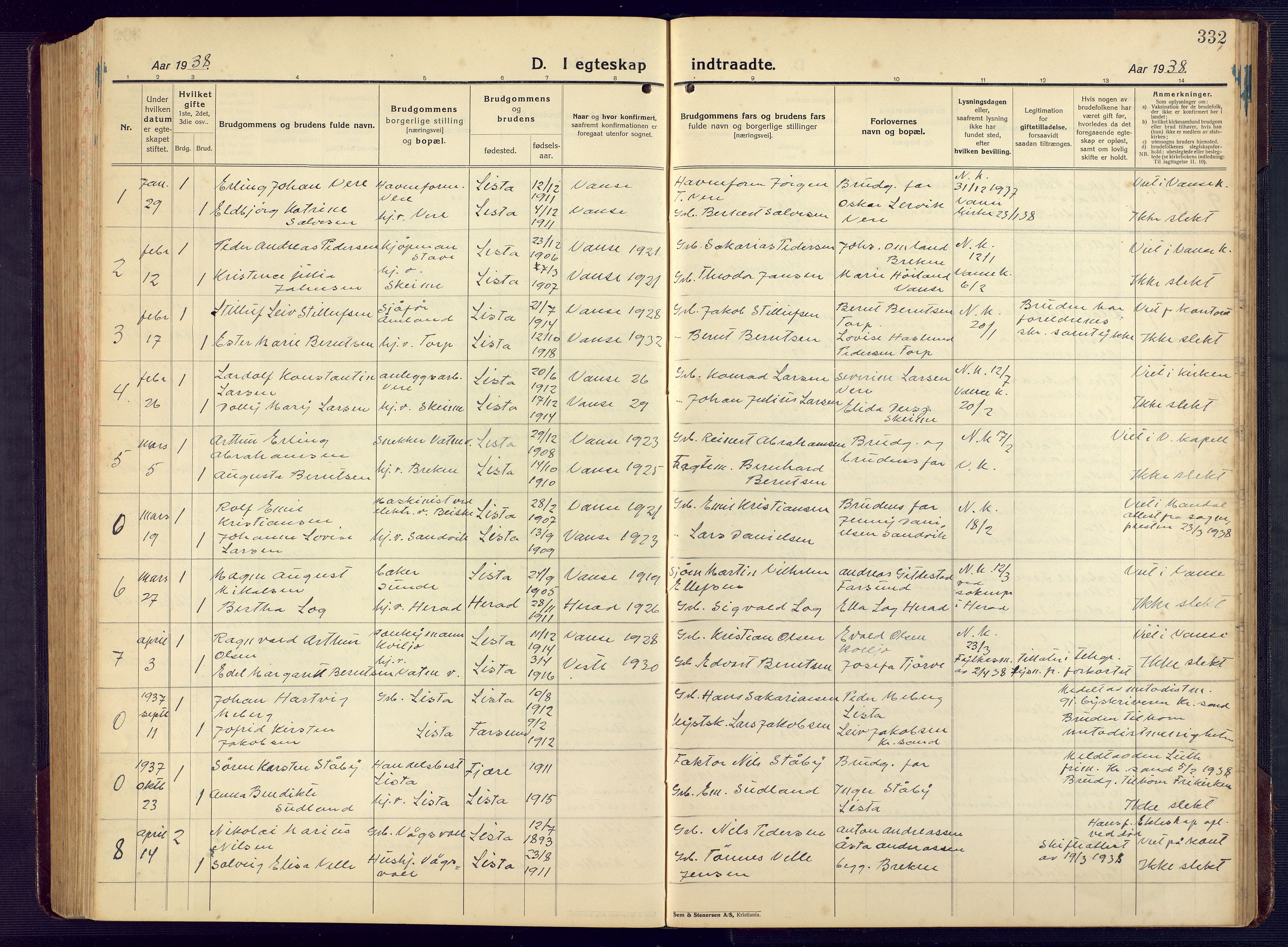 Lista sokneprestkontor, AV/SAK-1111-0027/F/Fb/L0006: Parish register (copy) no. B 6, 1924-1947, p. 332