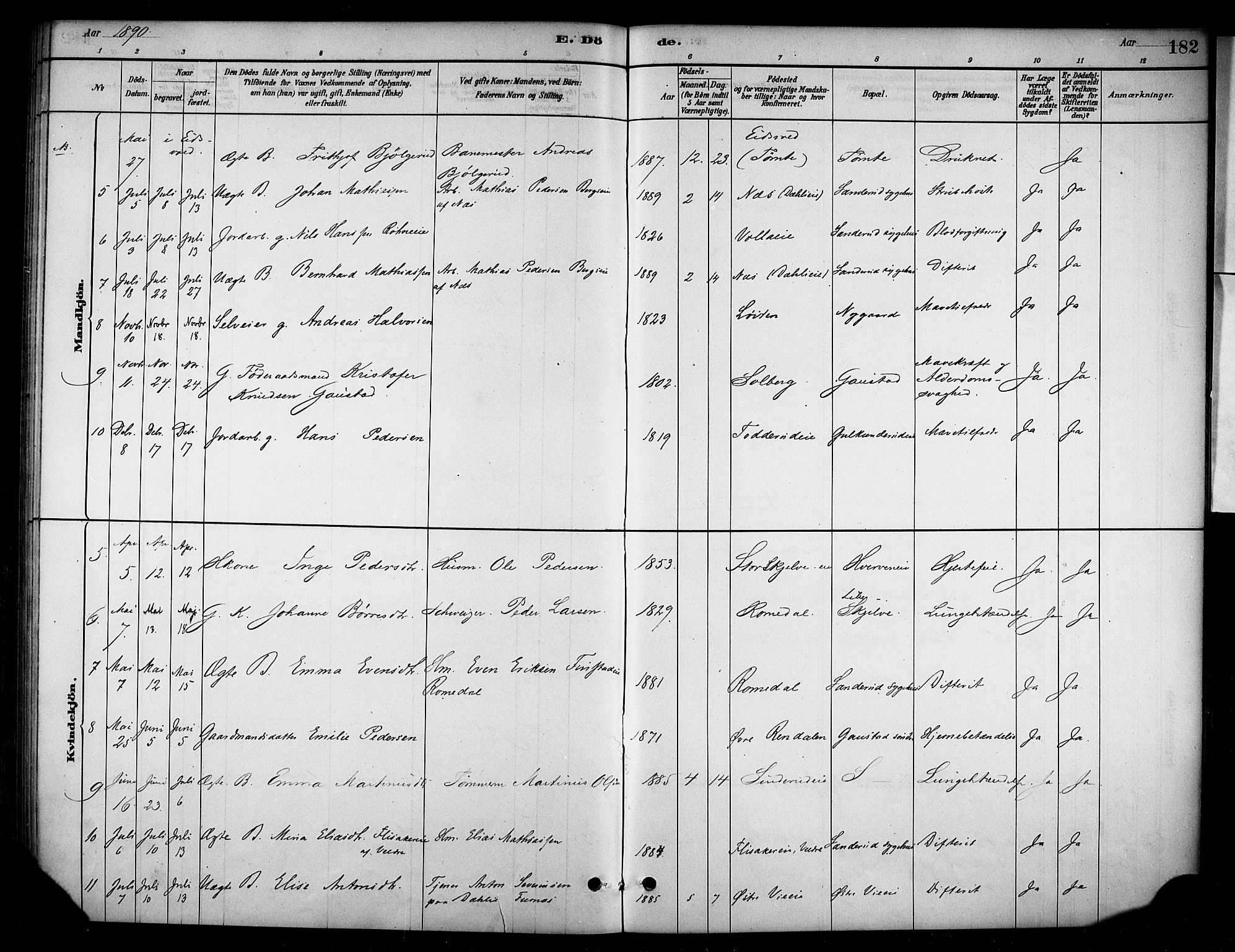 Stange prestekontor, SAH/PREST-002/K/L0019: Parish register (official) no. 19, 1880-1891, p. 182