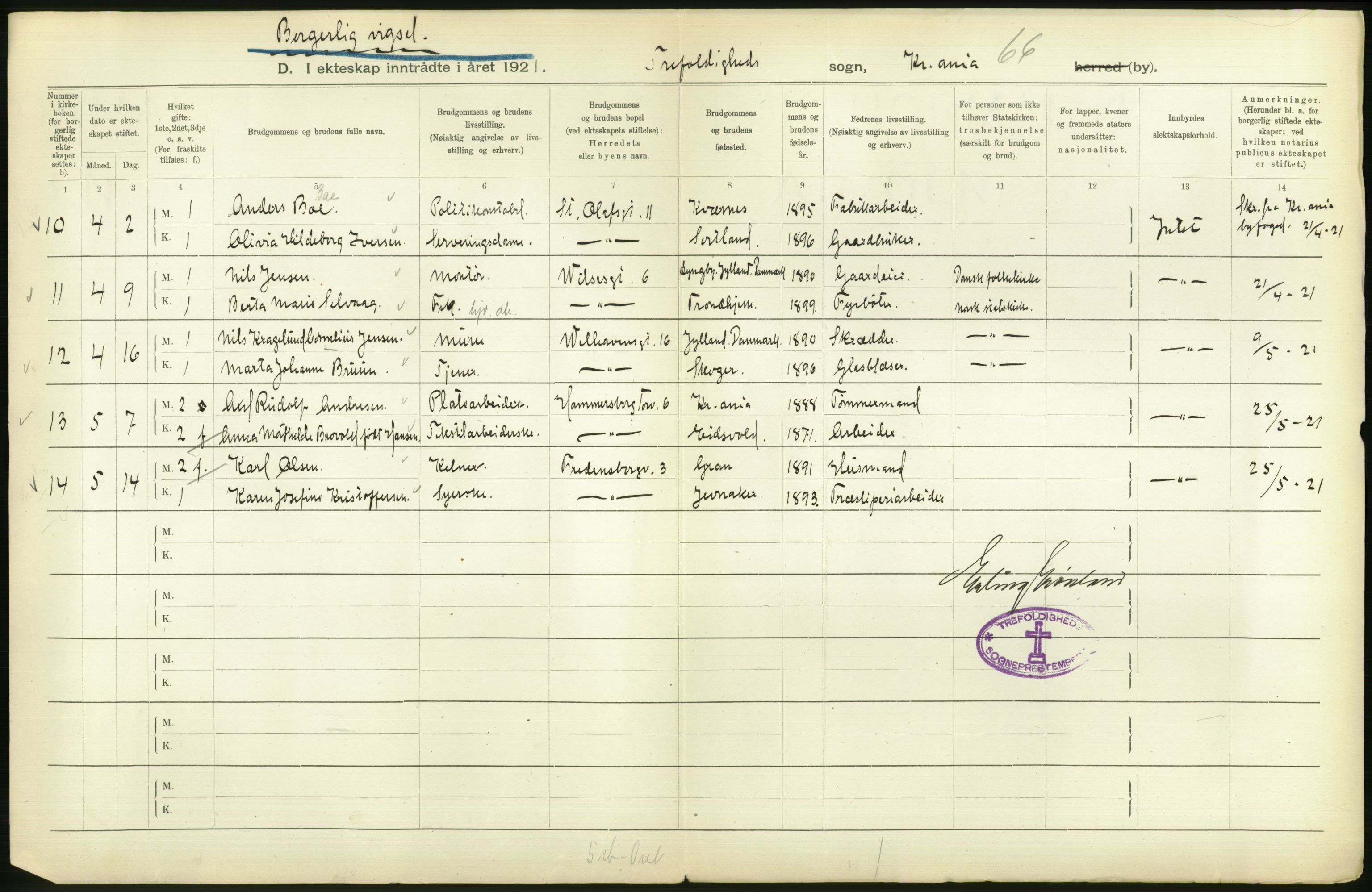 Statistisk sentralbyrå, Sosiodemografiske emner, Befolkning, RA/S-2228/D/Df/Dfc/Dfca/L0011: Kristiania: Gifte, 1921, p. 68