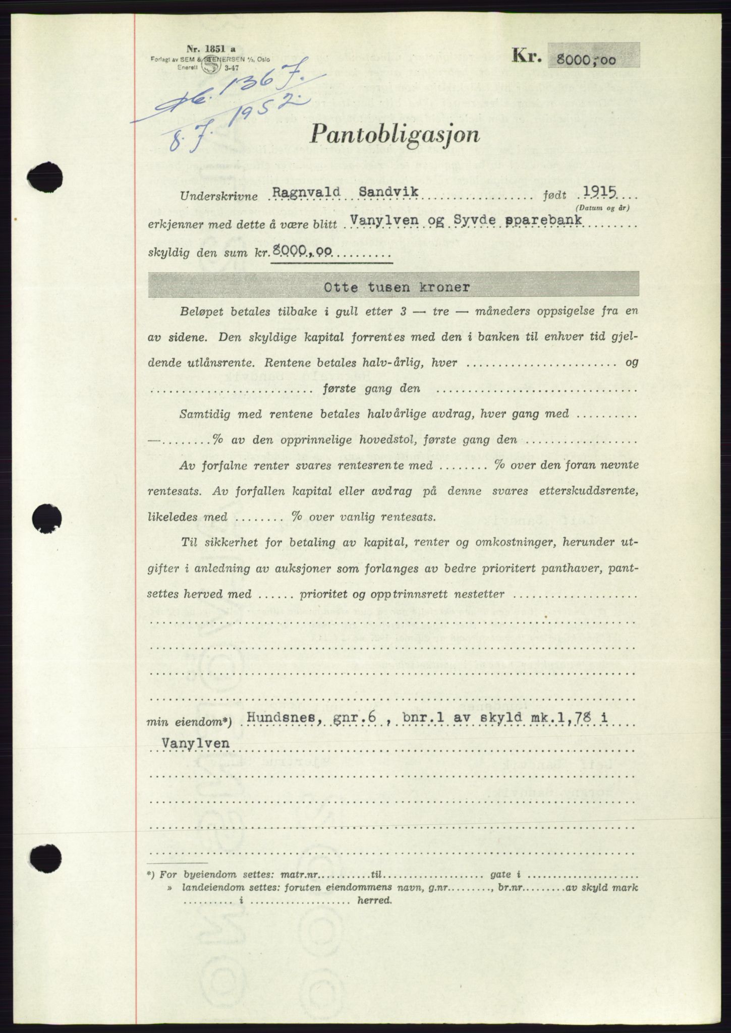 Søre Sunnmøre sorenskriveri, AV/SAT-A-4122/1/2/2C/L0121: Mortgage book no. 9B, 1951-1952, Diary no: : 1367/1952