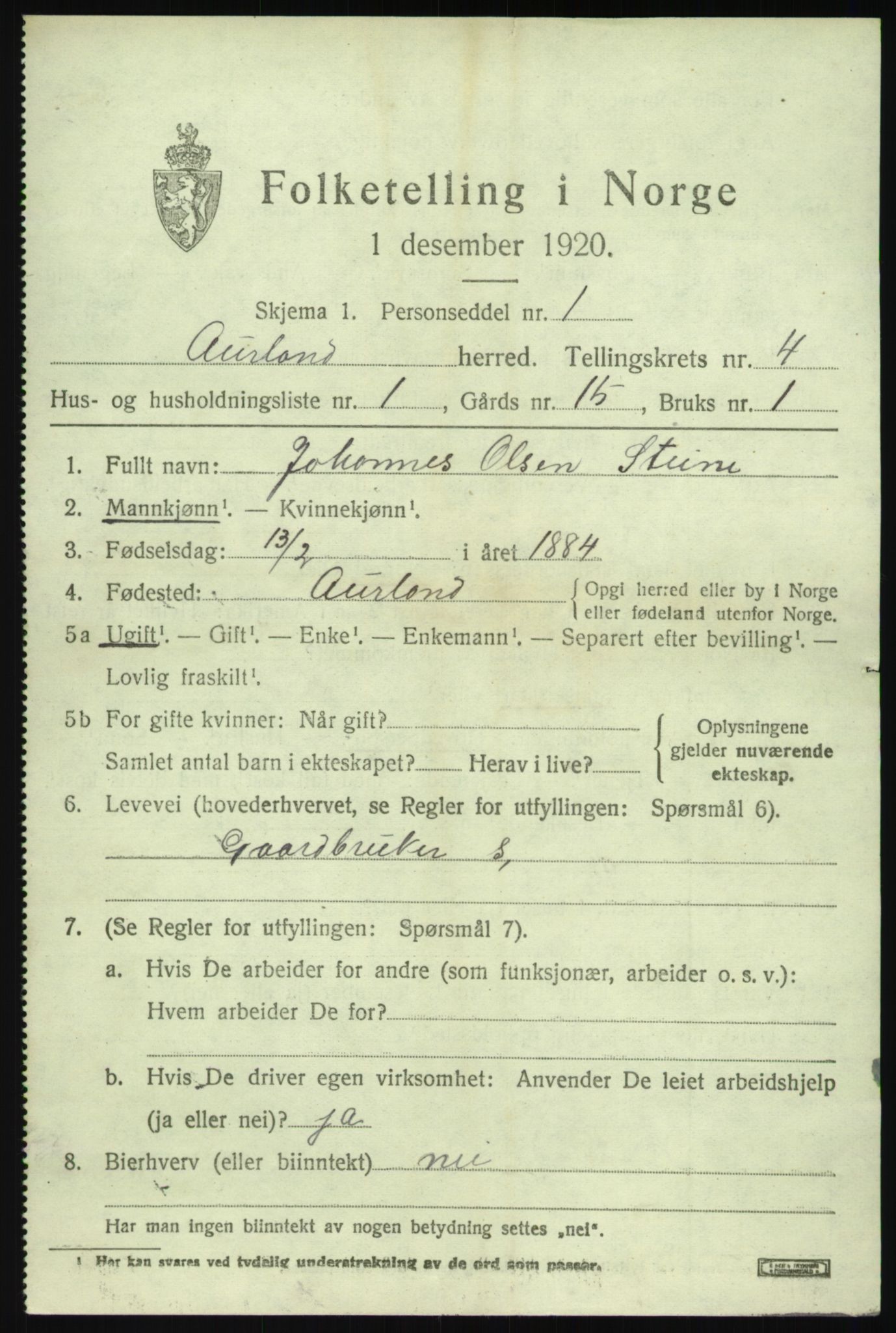 SAB, 1920 census for Aurland, 1920, p. 2630