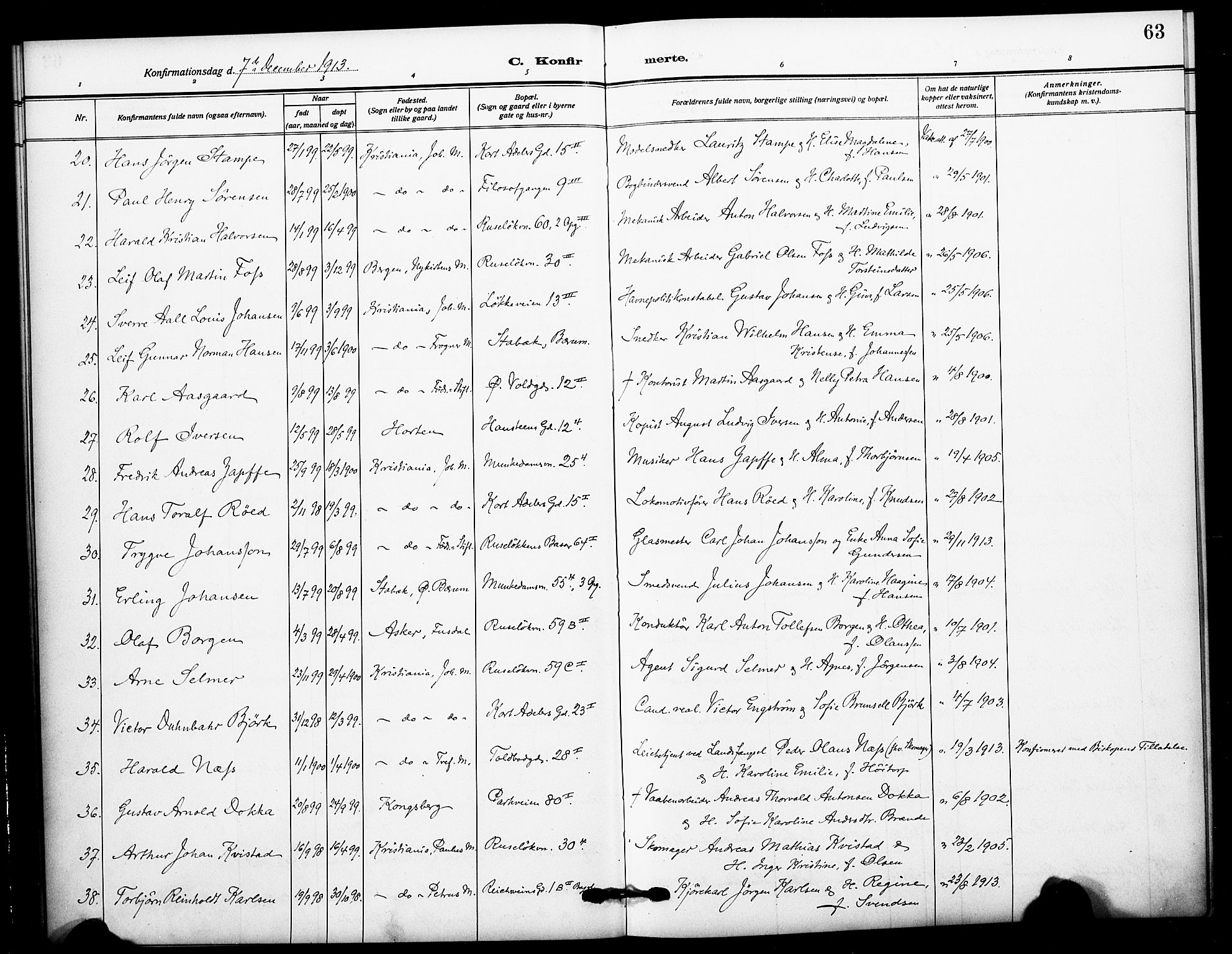 Johannes prestekontor Kirkebøker, SAO/A-10852/F/Fa/L0011: Parish register (official) no. 11, 1908-1921, p. 63