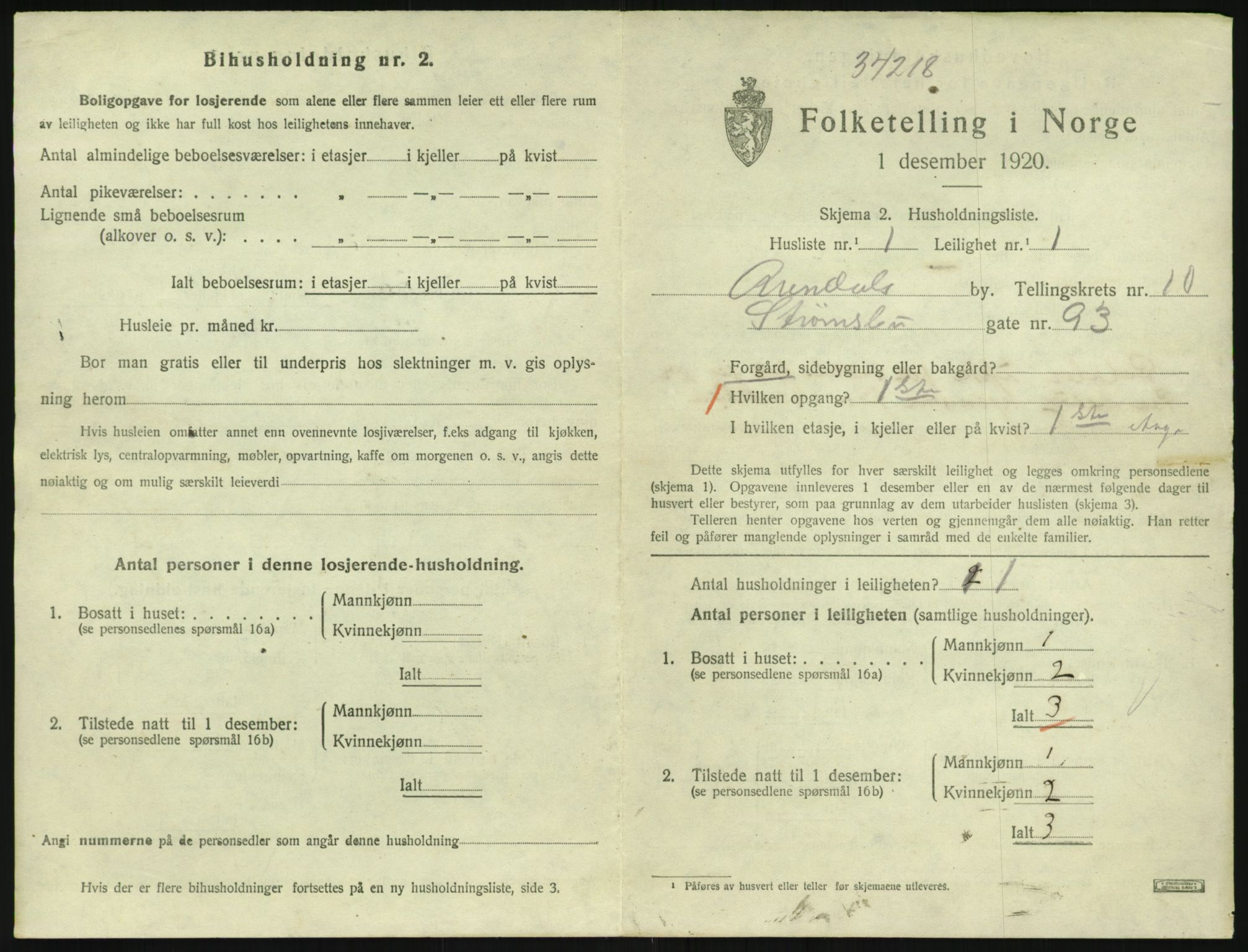 SAK, 1920 census for Arendal, 1920, p. 6060