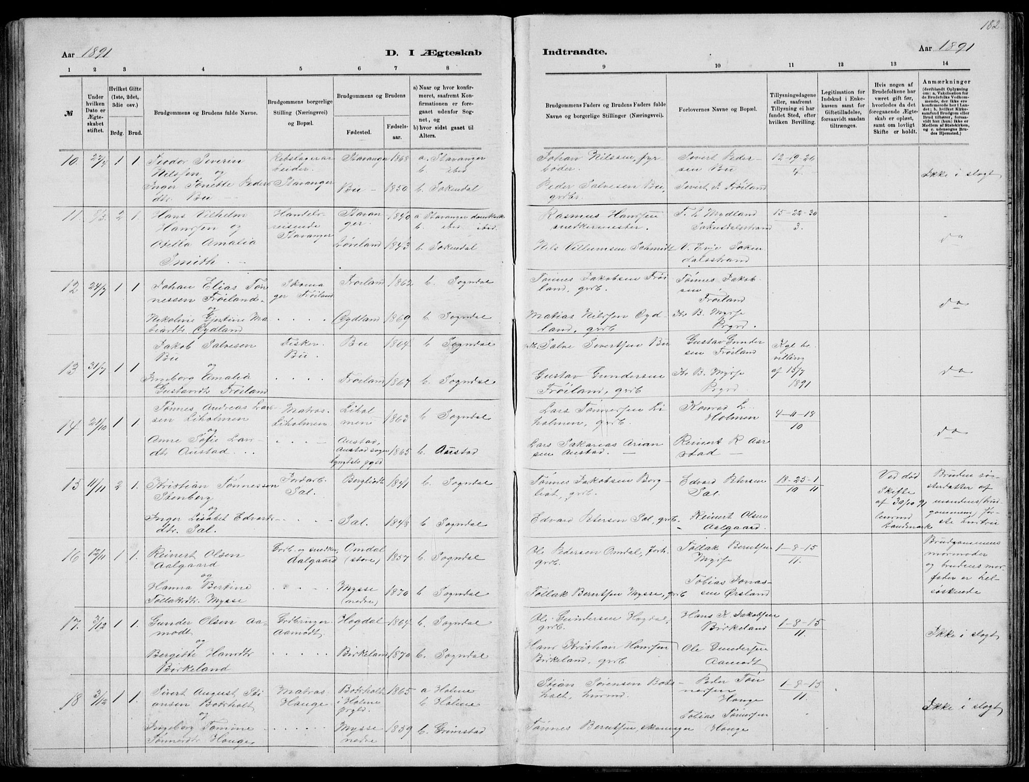 Sokndal sokneprestkontor, AV/SAST-A-101808: Parish register (copy) no. B 4, 1880-1891, p. 182