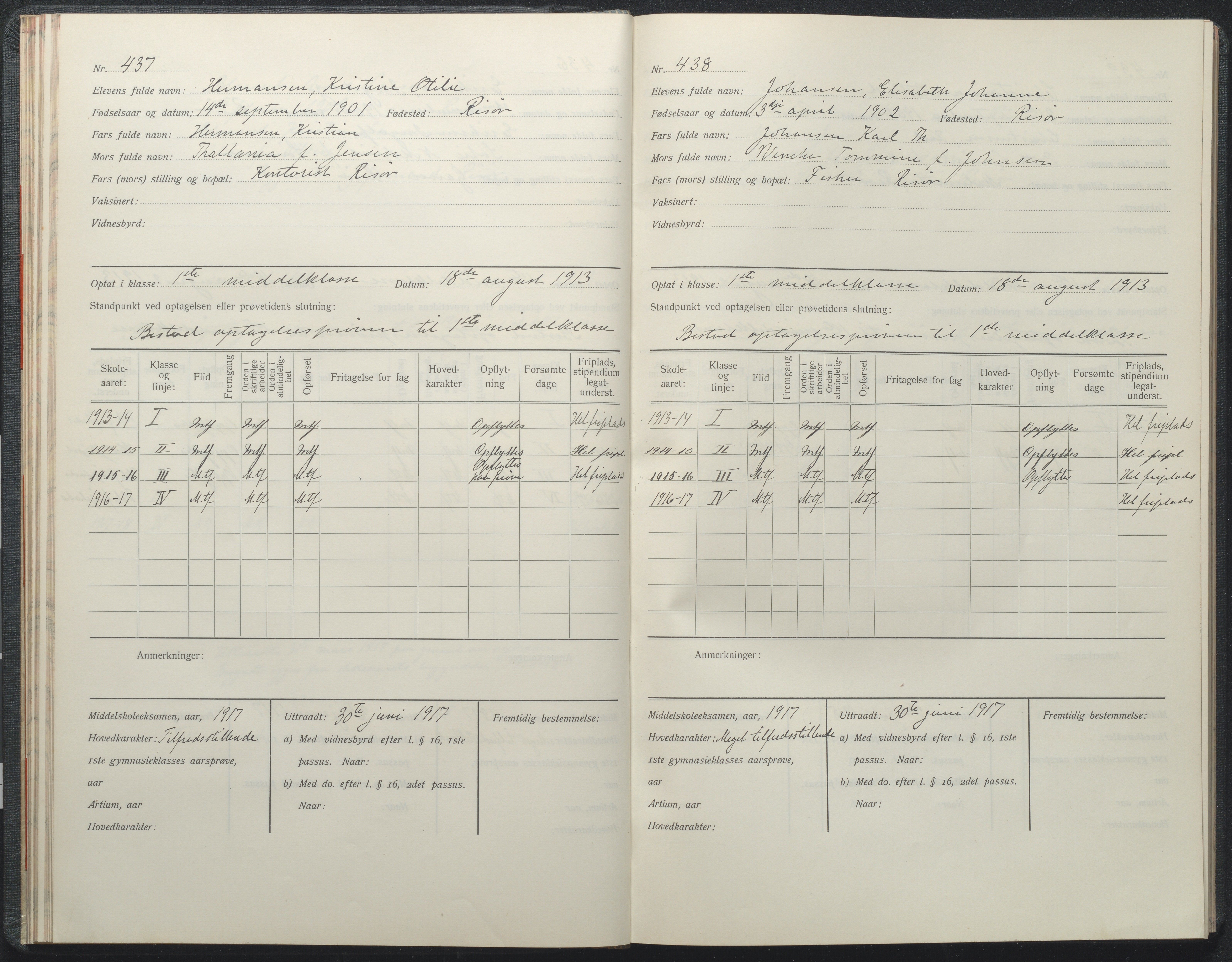 Risør kommune, AAKS/KA0901-PK/1/05/05i/L0002: Manntallsprotokoll, 1911-1925, p. 437-438