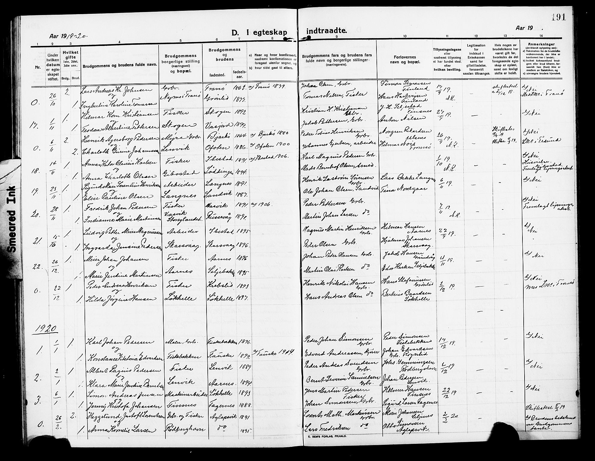 Lenvik sokneprestembete, AV/SATØ-S-1310/H/Ha/Hab/L0009klokker: Parish register (copy) no. 9, 1912-1926, p. 191