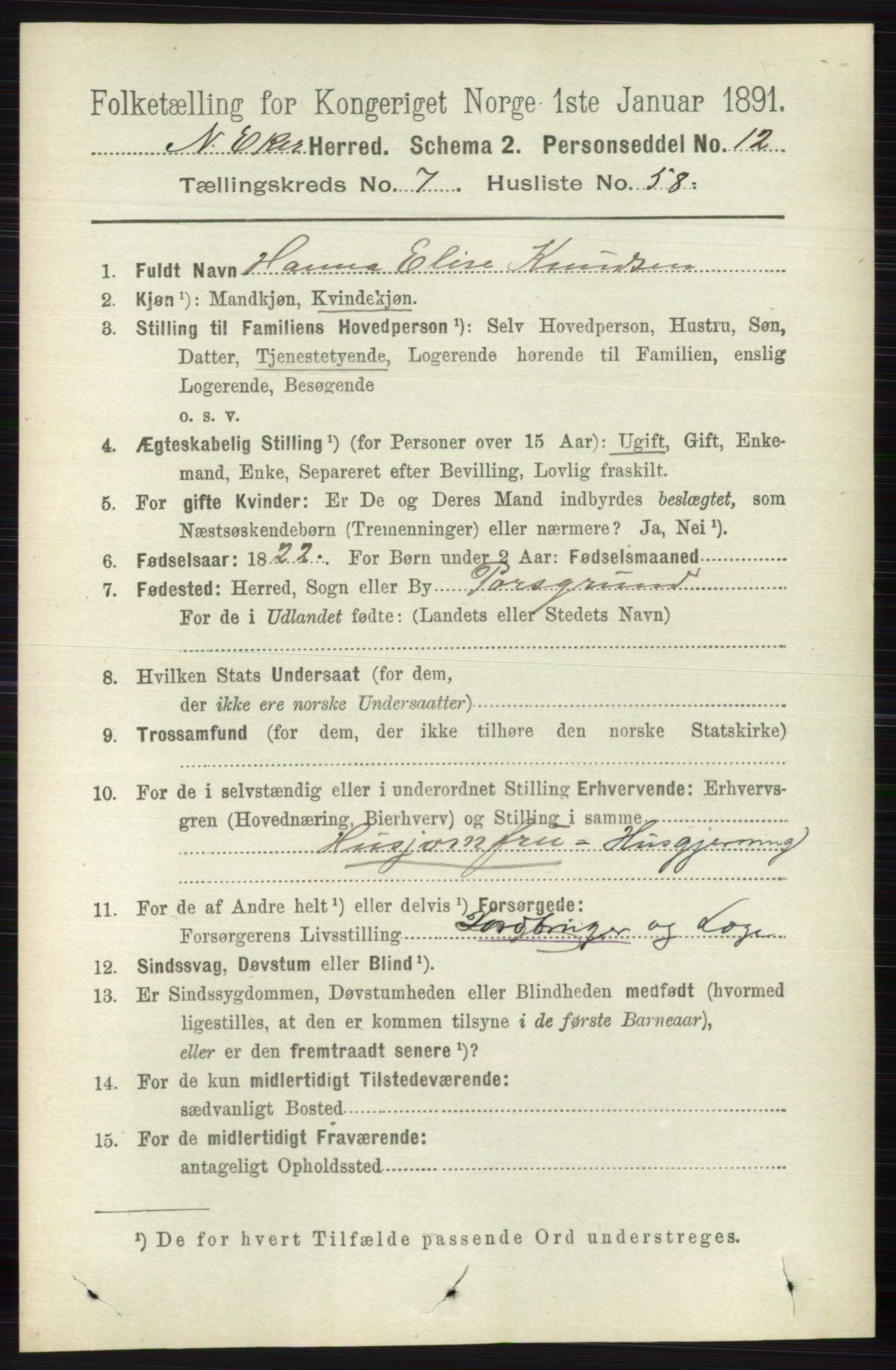 RA, 1891 census for 0625 Nedre Eiker, 1891, p. 3827