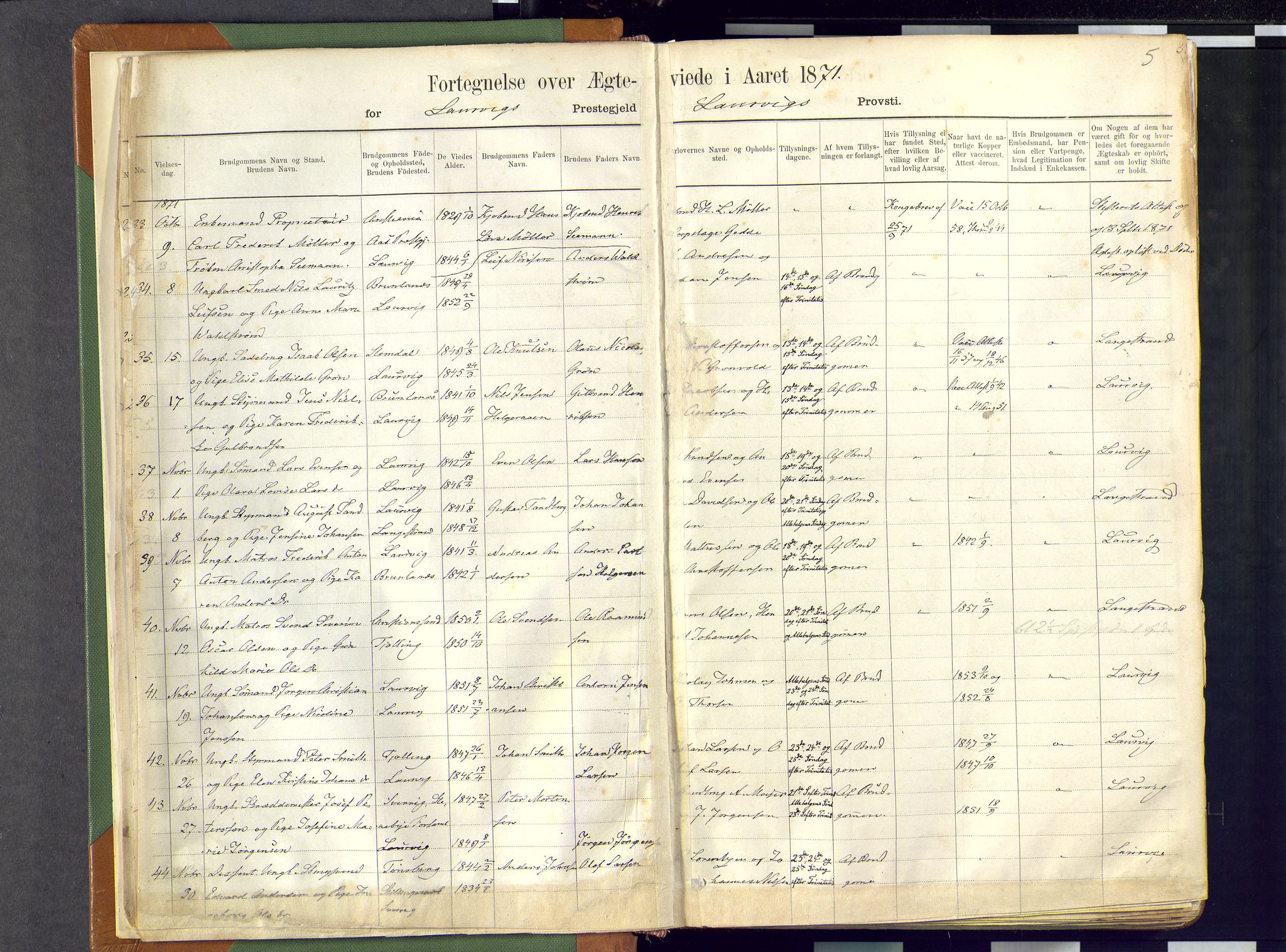 Larvik kirkebøker, SAKO/A-352/F/Fa/L0007: Parish register (official) no. I 7, 1871-1883, p. 5