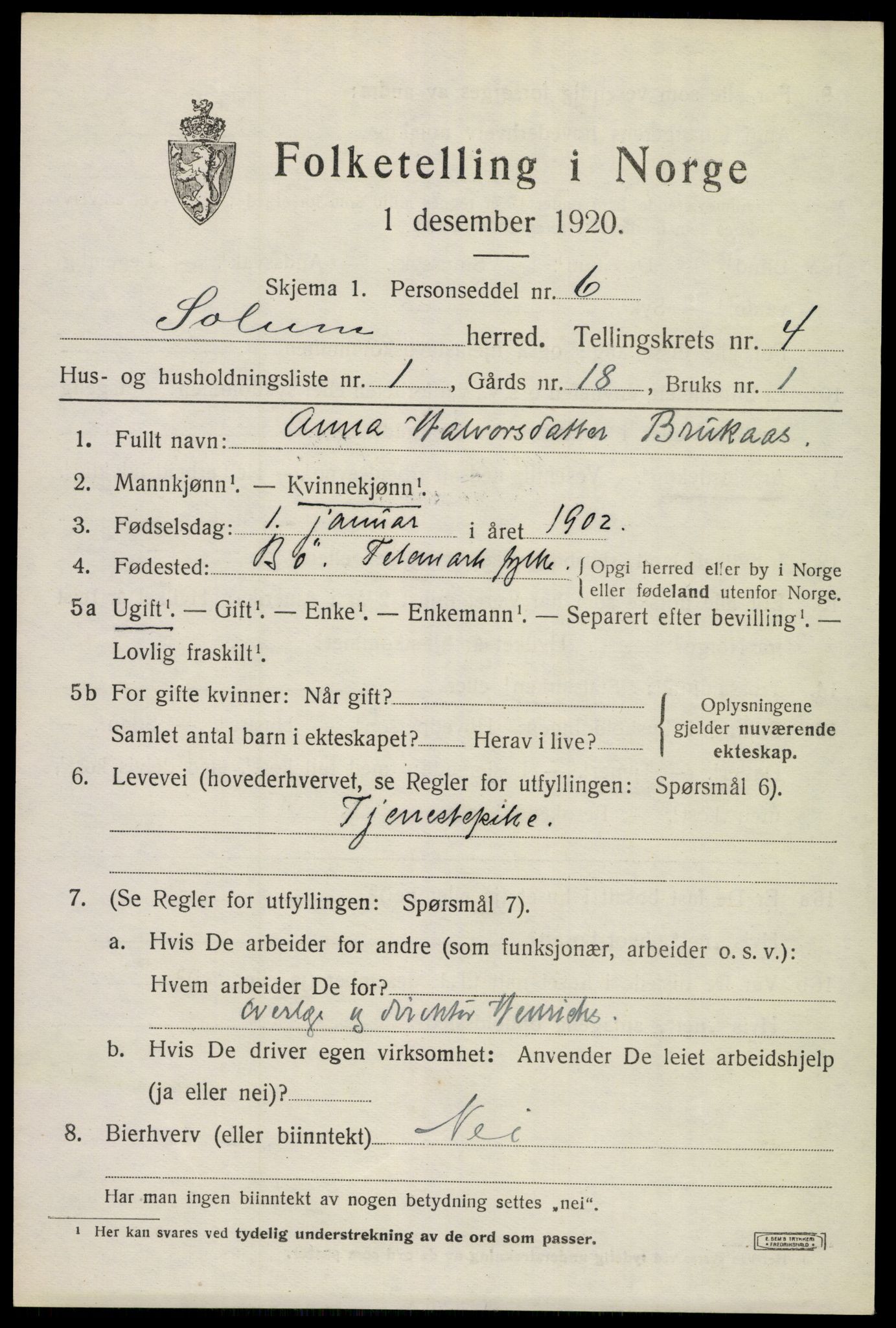 SAKO, 1920 census for Solum, 1920, p. 8184