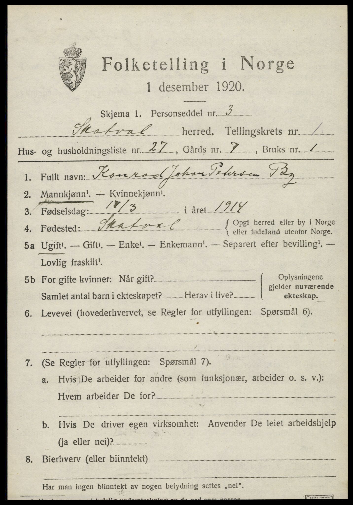 SAT, 1920 census for Skatval, 1920, p. 1043