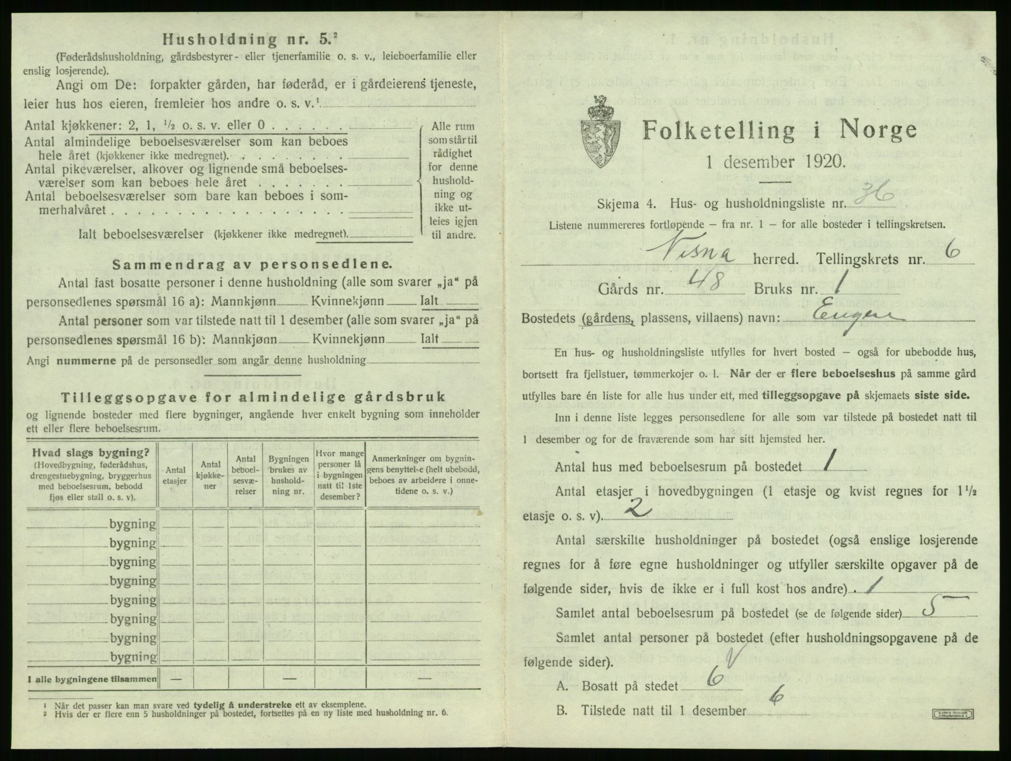 SAT, 1920 census for Nesna, 1920, p. 713