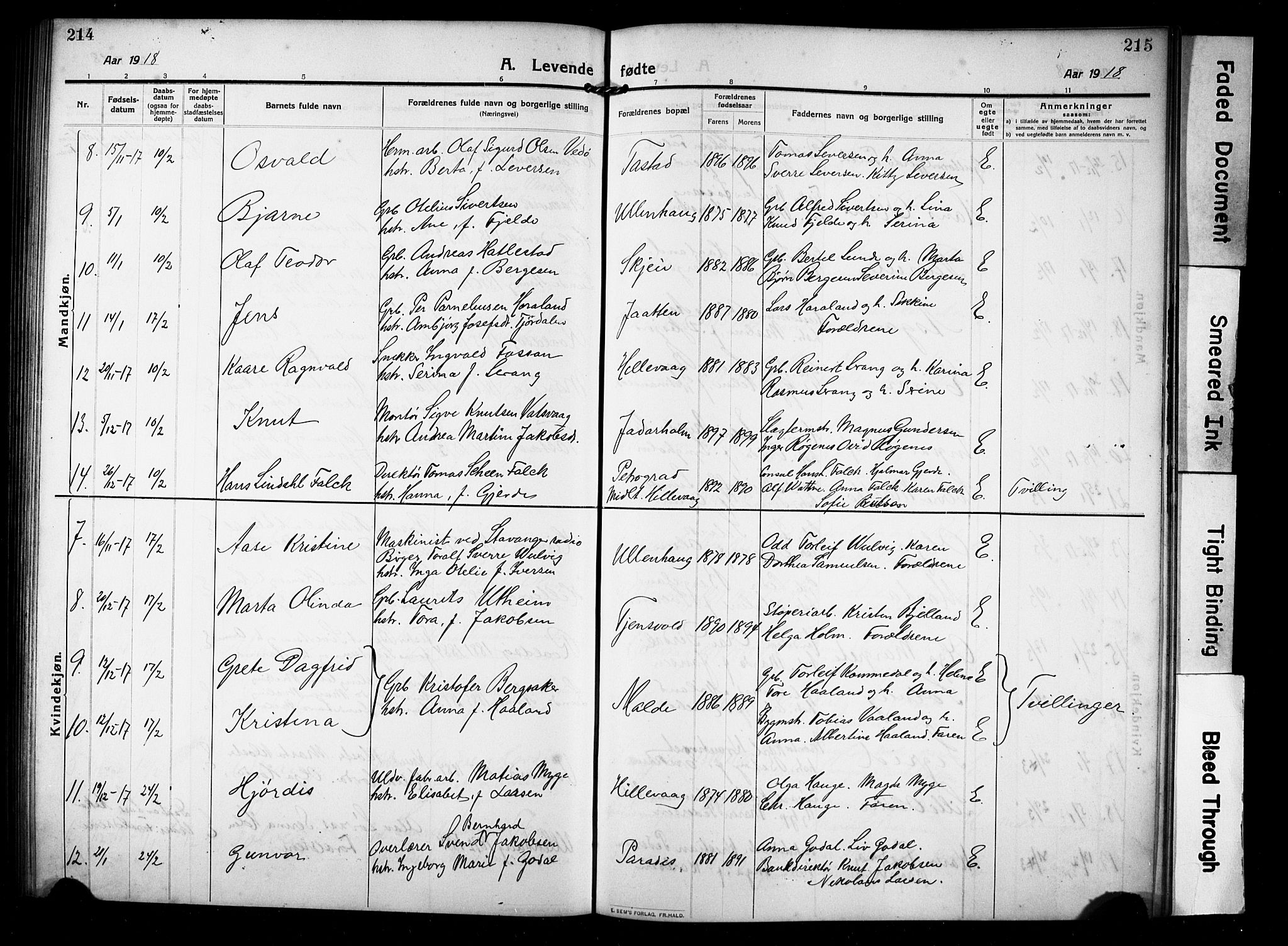 Hetland sokneprestkontor, AV/SAST-A-101826/30/30BB/L0008: Parish register (copy) no. B 8, 1910-1921, p. 214-215