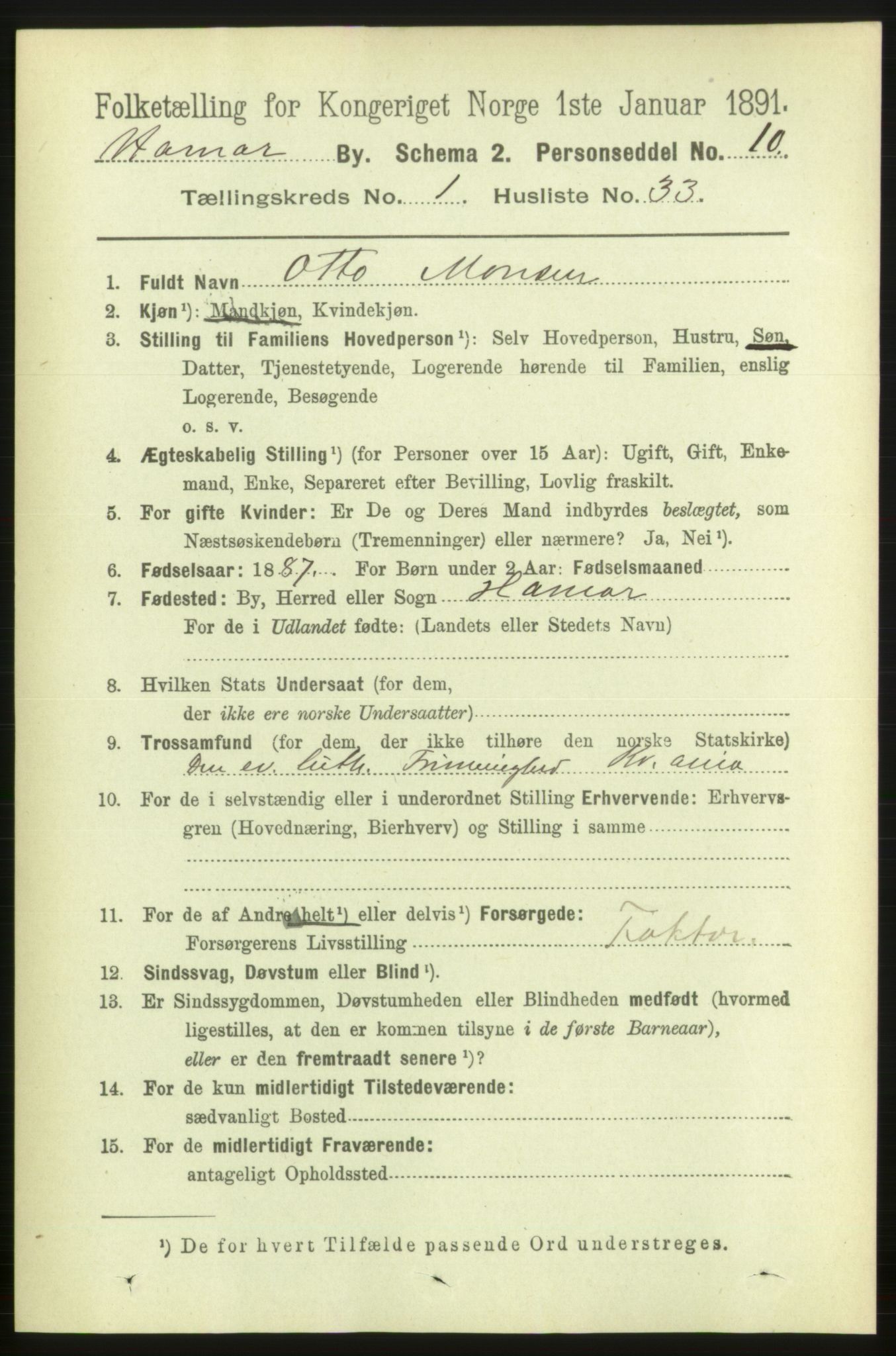 RA, 1891 census for 0401 Hamar, 1891, p. 463