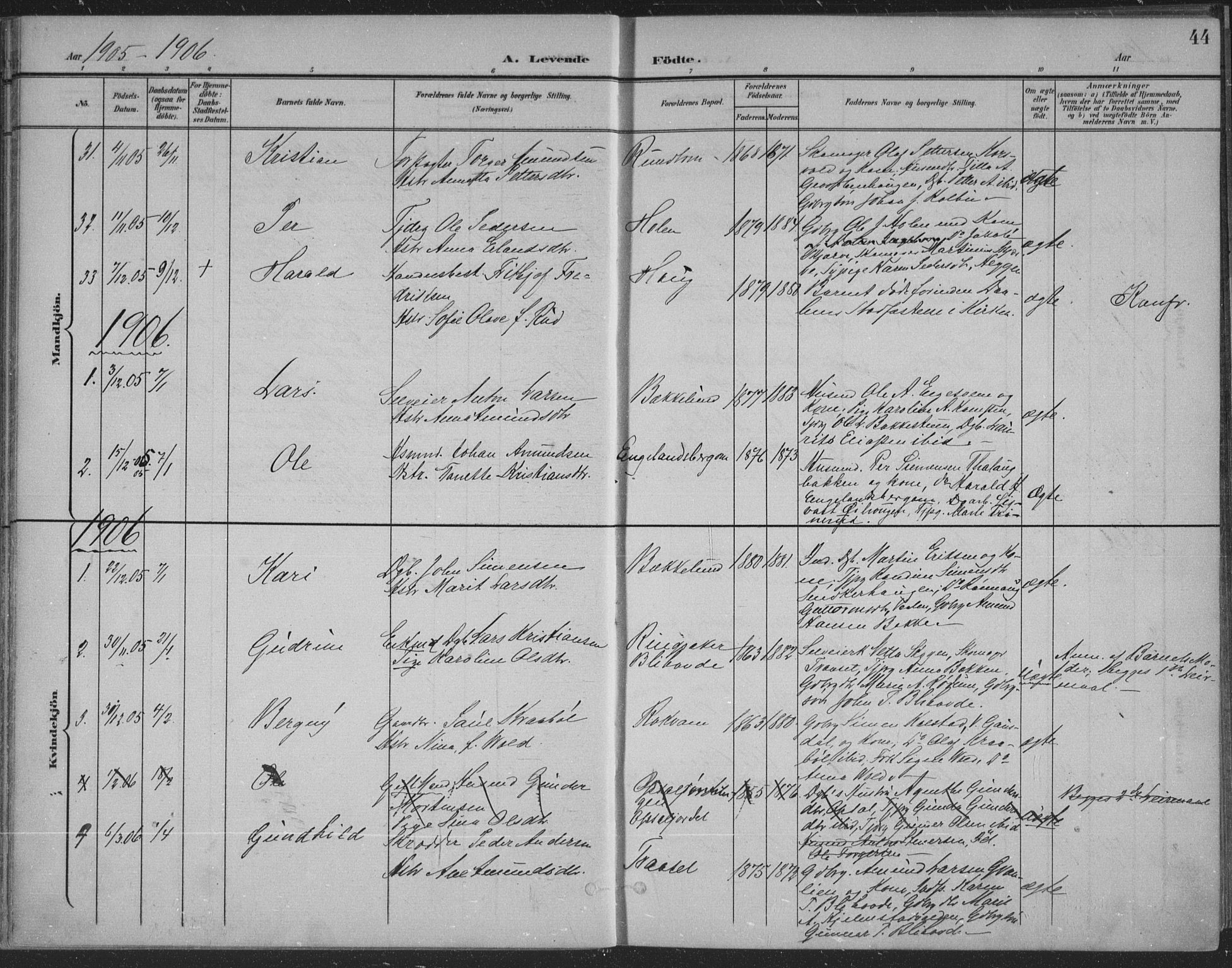 Østre Gausdal prestekontor, SAH/PREST-092/H/Ha/Haa/L0004: Parish register (official) no. 4, 1898-1914, p. 44