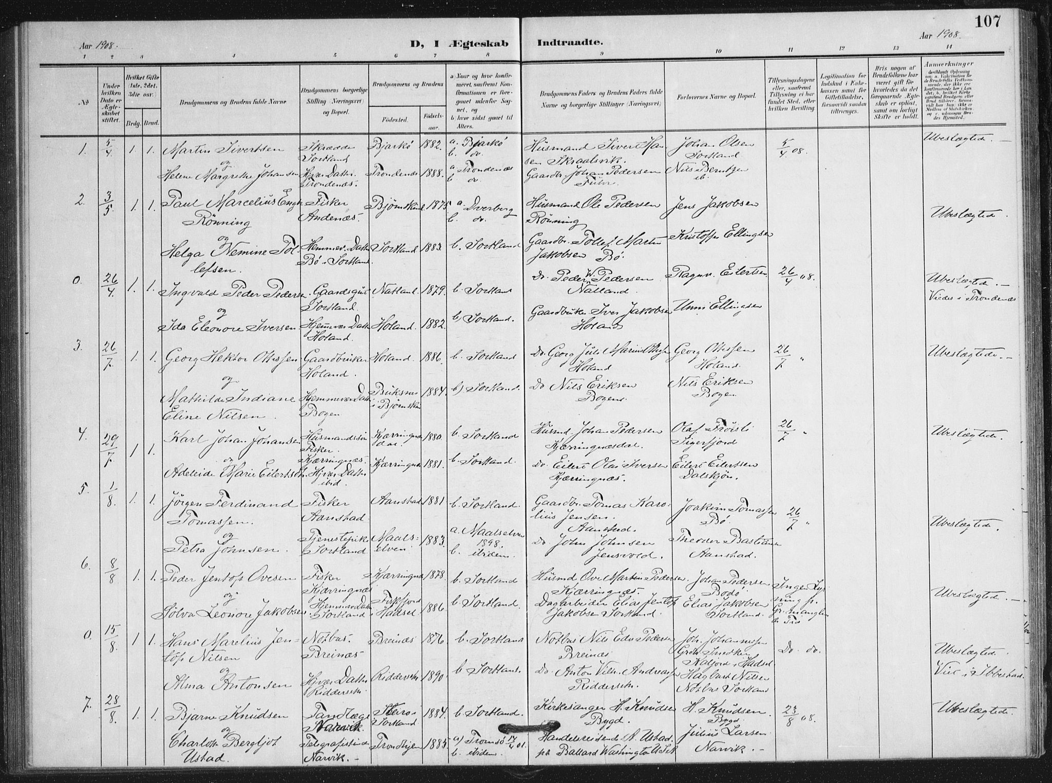 Ministerialprotokoller, klokkerbøker og fødselsregistre - Nordland, AV/SAT-A-1459/895/L1373: Parish register (official) no. 895A08, 1905-1915, p. 107