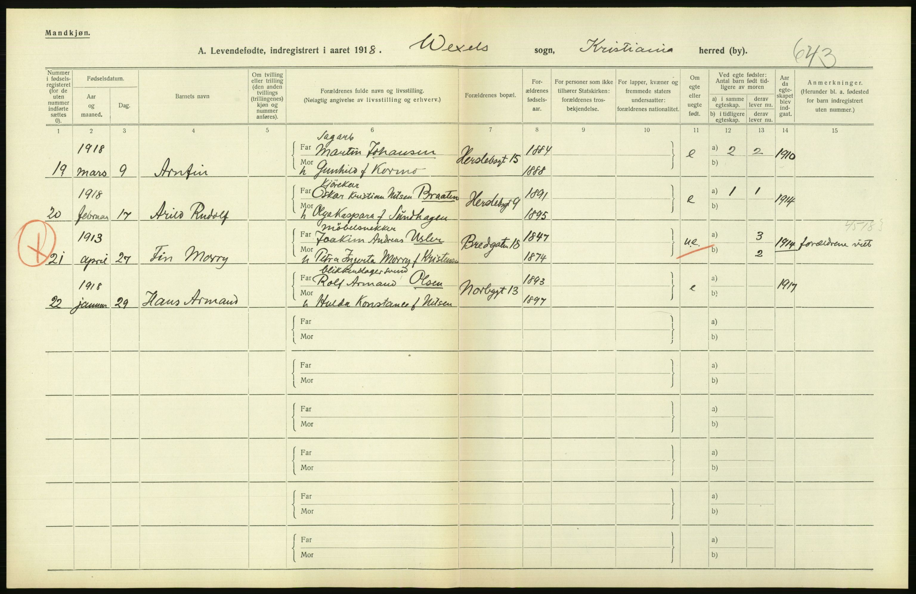 Statistisk sentralbyrå, Sosiodemografiske emner, Befolkning, AV/RA-S-2228/D/Df/Dfb/Dfbh/L0008: Kristiania: Levendefødte menn og kvinner., 1918, p. 790