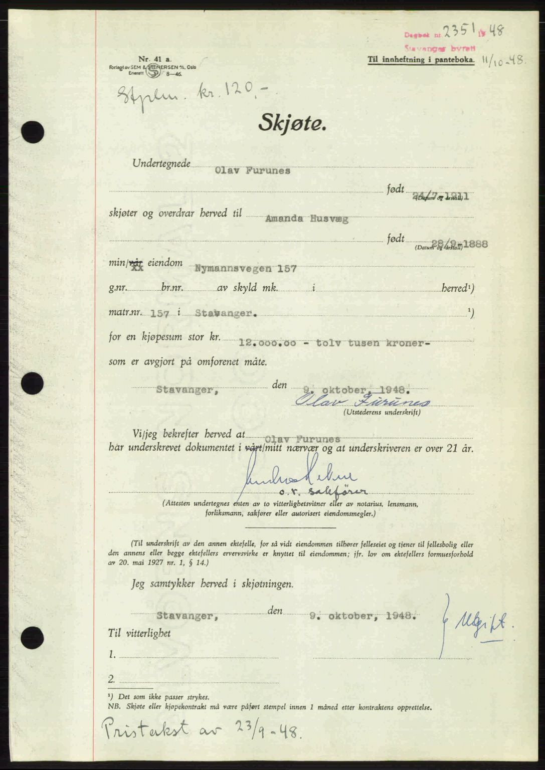 Stavanger byrett, SAST/A-100455/002/G/Gb/L0023: Mortgage book no. A12, 1948-1949, Diary no: : 2351/1948