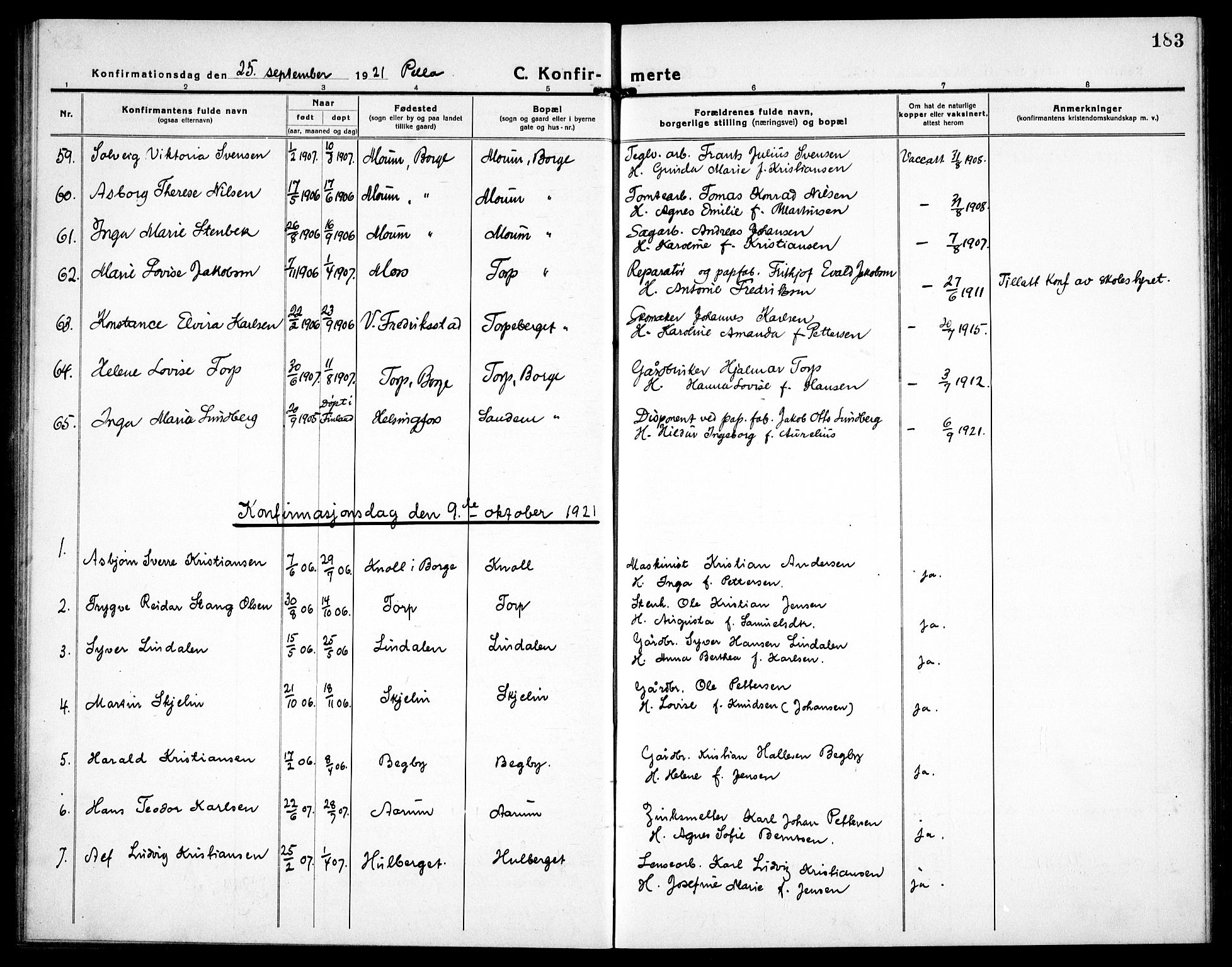 Borge prestekontor Kirkebøker, AV/SAO-A-10903/G/Ga/L0003: Parish register (copy) no. I 3, 1918-1939, p. 183