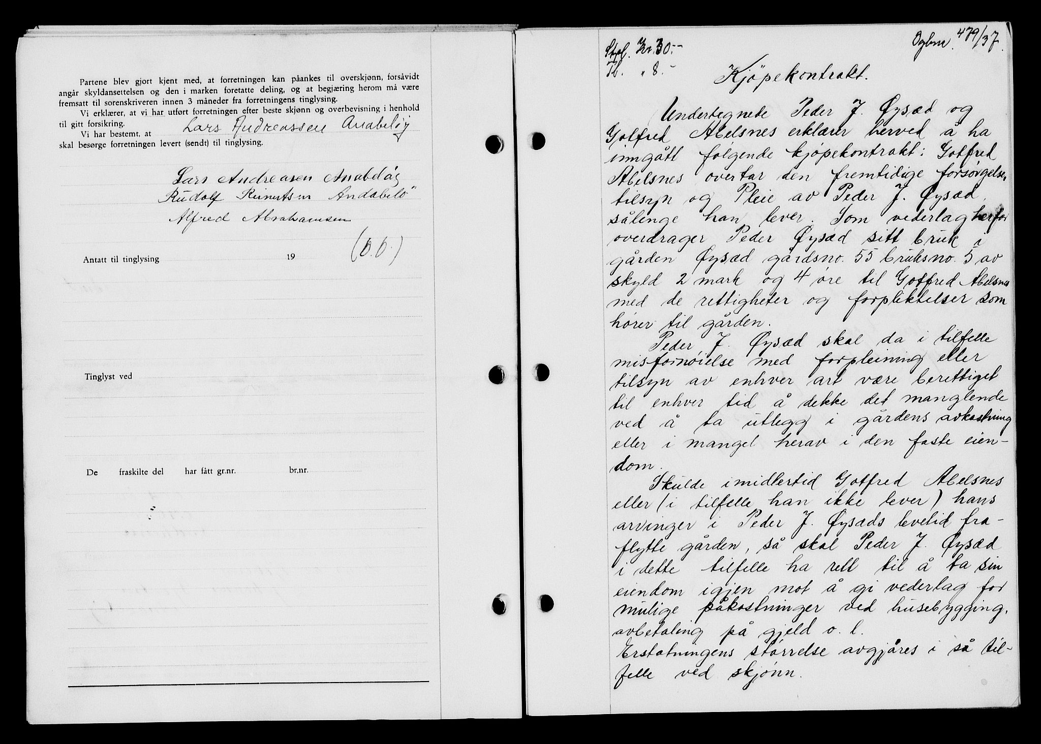Flekkefjord sorenskriveri, SAK/1221-0001/G/Gb/Gba/L0053: Mortgage book no. A-1, 1936-1937, Diary no: : 479/1937