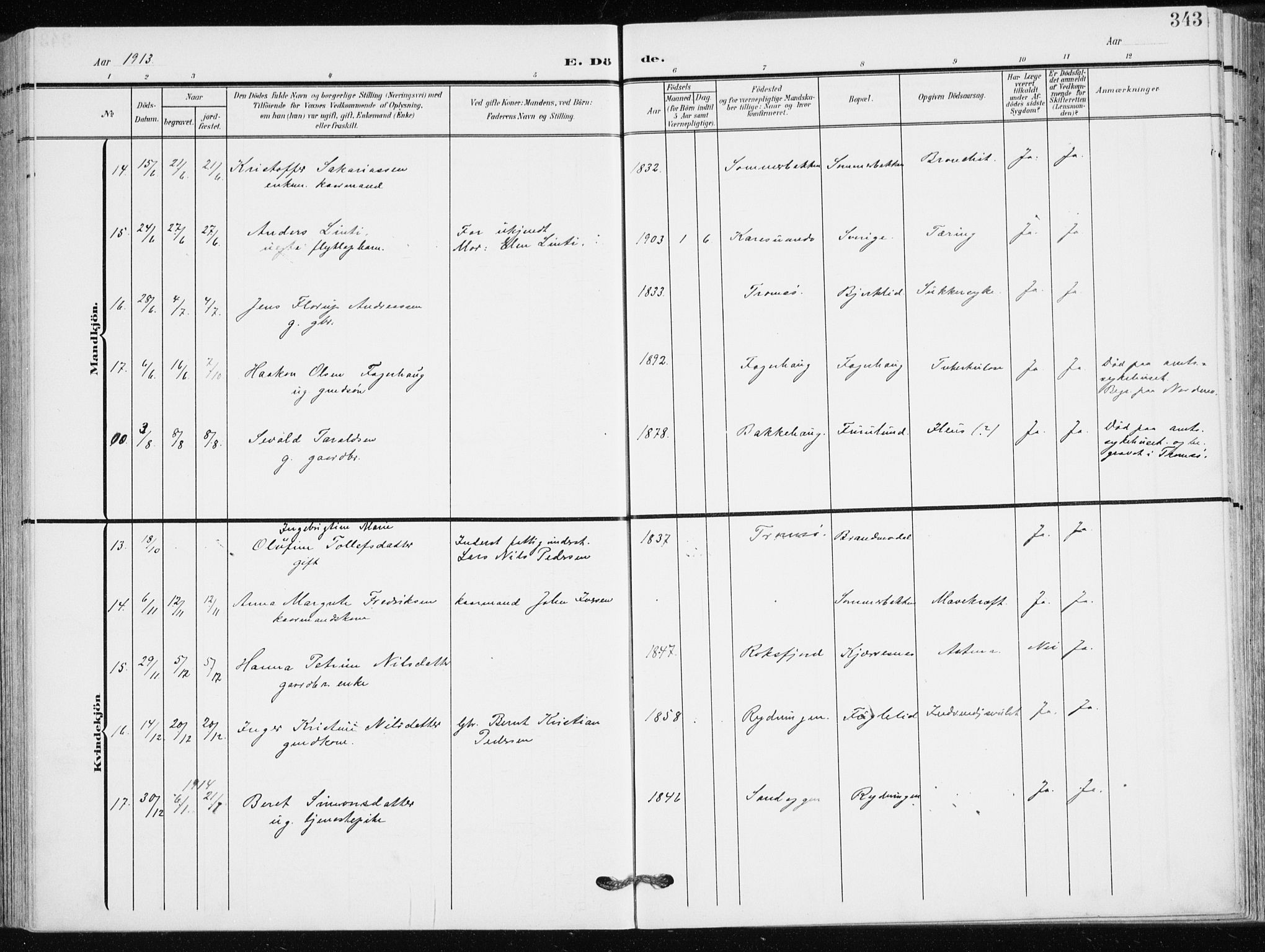 Målselv sokneprestembete, AV/SATØ-S-1311/G/Ga/Gaa/L0011kirke: Parish register (official) no. 11, 1904-1918, p. 343