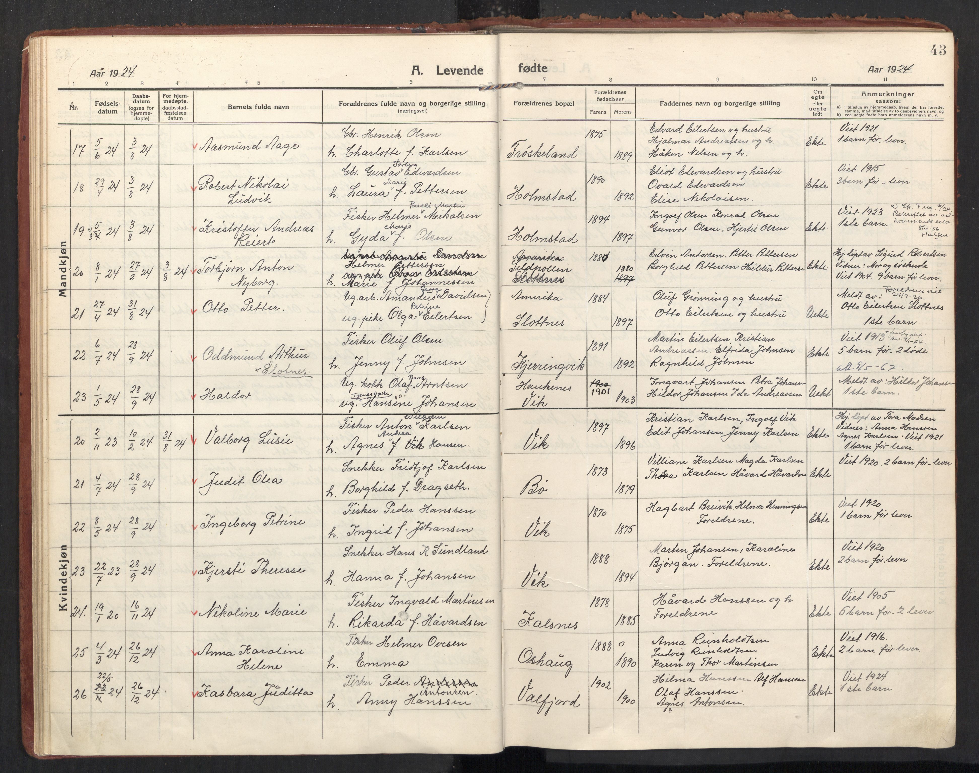 Ministerialprotokoller, klokkerbøker og fødselsregistre - Nordland, SAT/A-1459/890/L1288: Parish register (official) no. 890A03, 1915-1925, p. 43