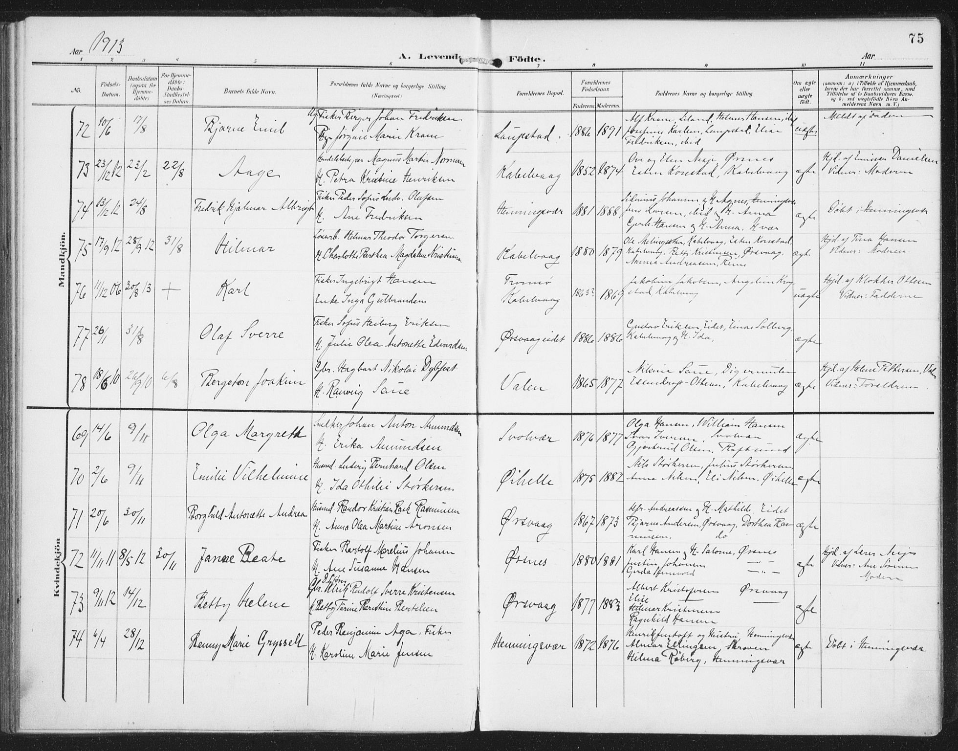 Ministerialprotokoller, klokkerbøker og fødselsregistre - Nordland, AV/SAT-A-1459/874/L1063: Parish register (official) no. 874A07, 1907-1915, p. 75