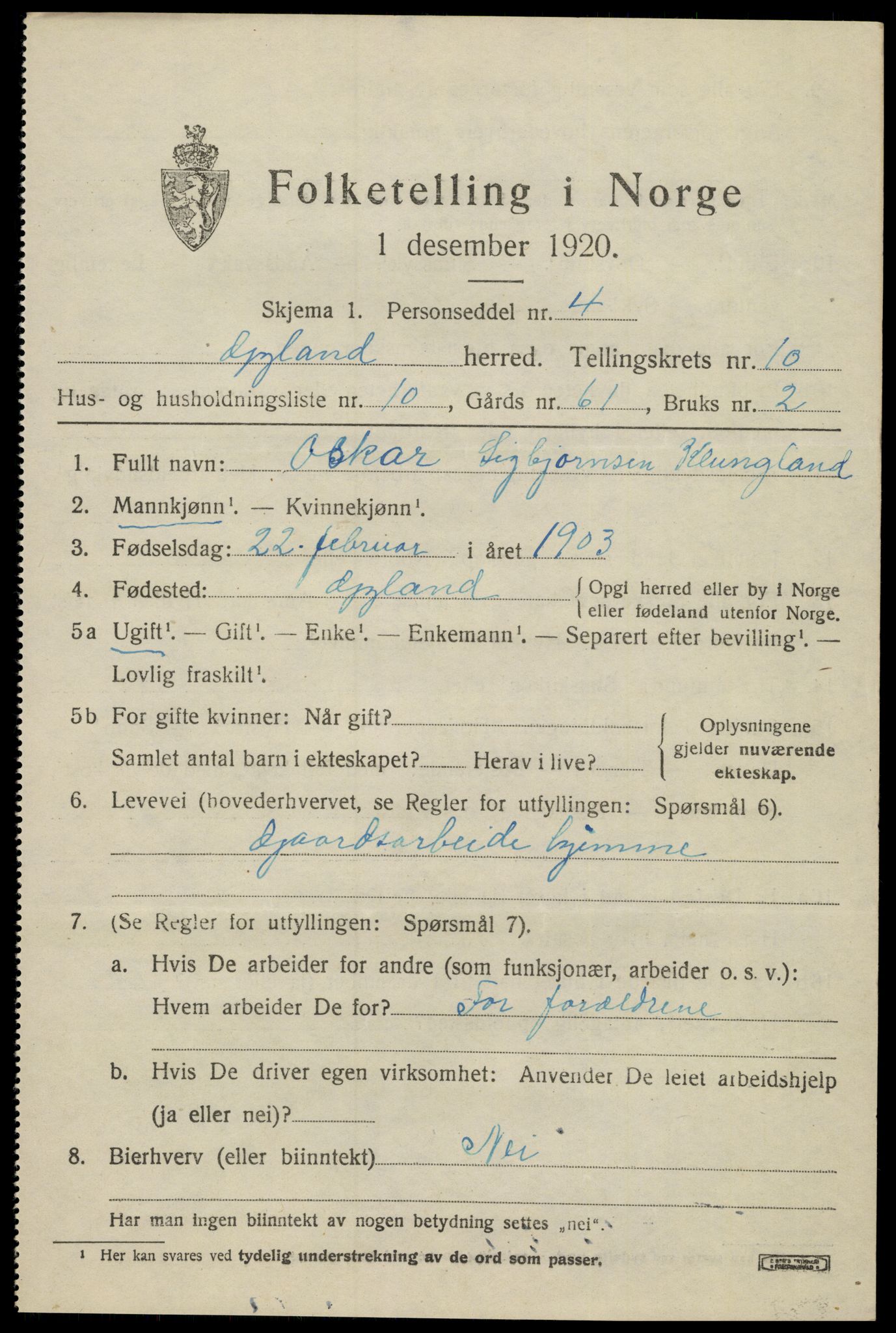 SAK, 1920 census for Gyland, 1920, p. 2296