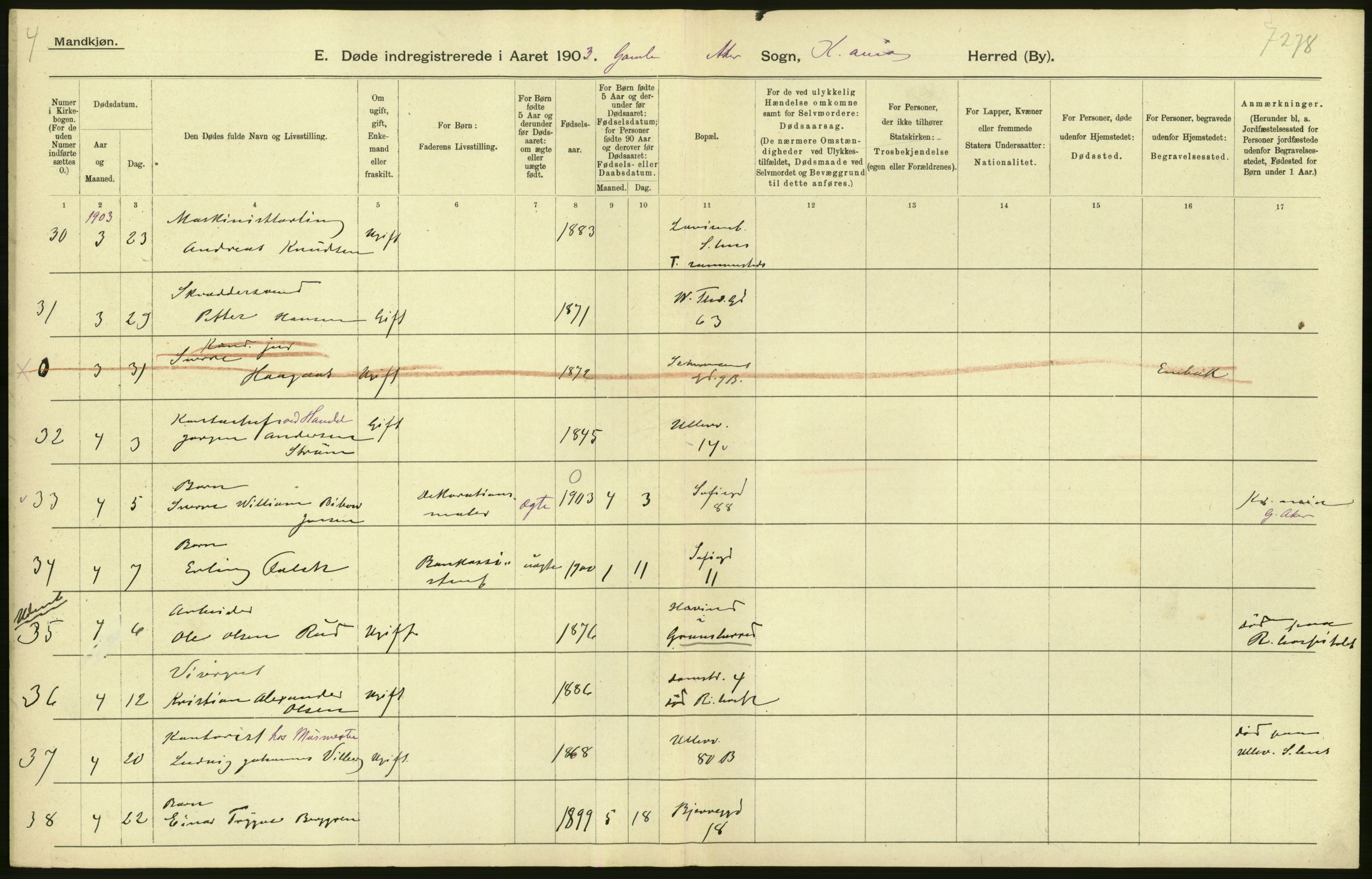 Statistisk sentralbyrå, Sosiodemografiske emner, Befolkning, AV/RA-S-2228/D/Df/Dfa/Dfaa/L0004: Kristiania: Gifte, døde, 1903, p. 60