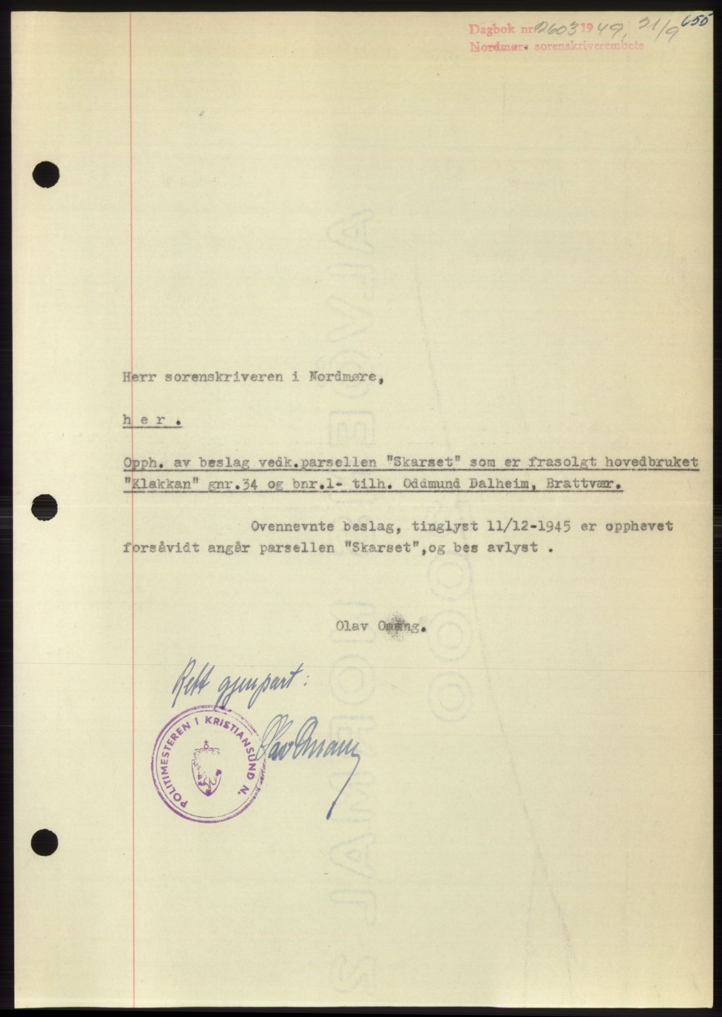 Nordmøre sorenskriveri, AV/SAT-A-4132/1/2/2Ca: Mortgage book no. B102, 1949-1949, Diary no: : 2603/1949