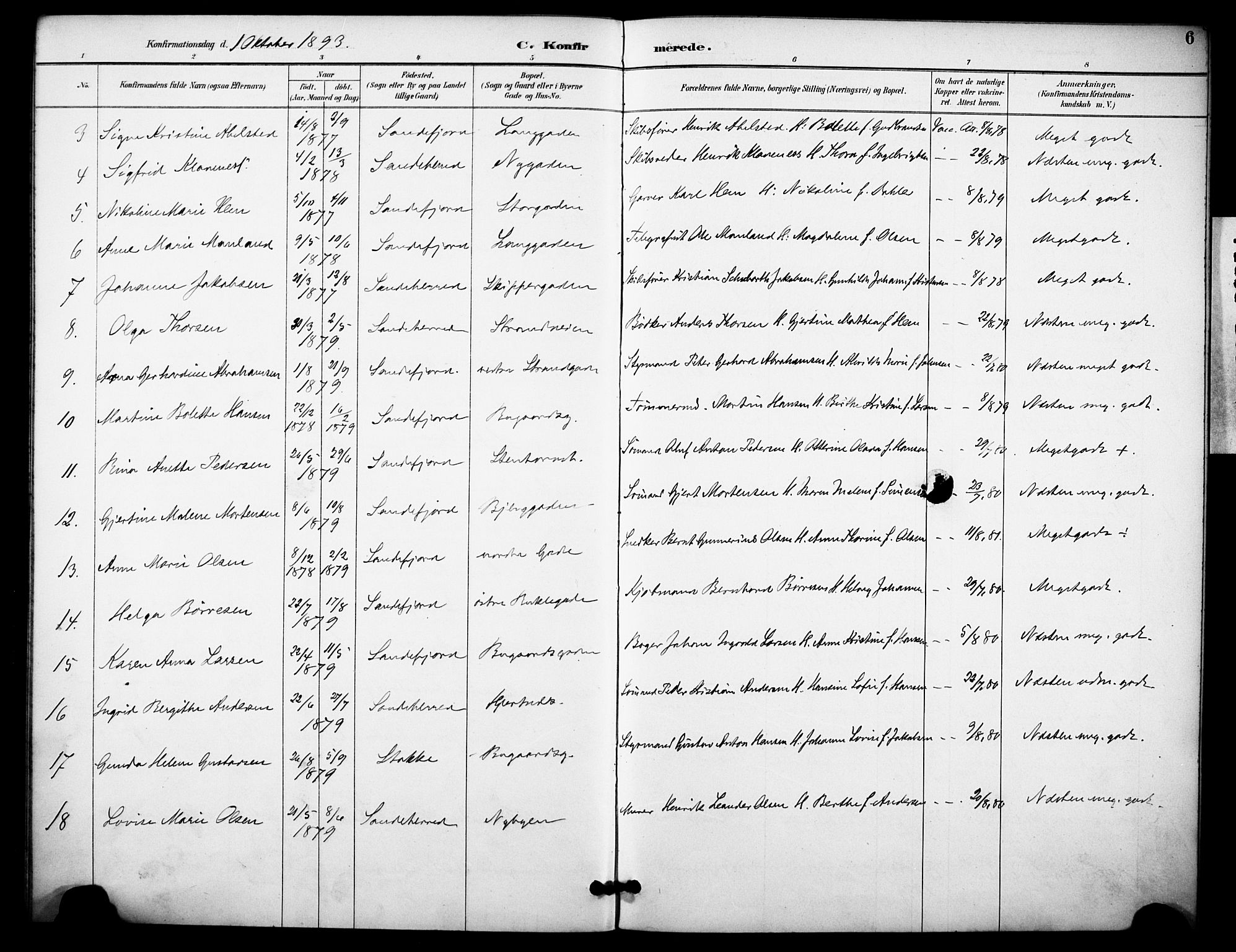 Sandefjord kirkebøker, AV/SAKO-A-315/F/Fa/L0003: Parish register (official) no. 3, 1892-1894, p. 6