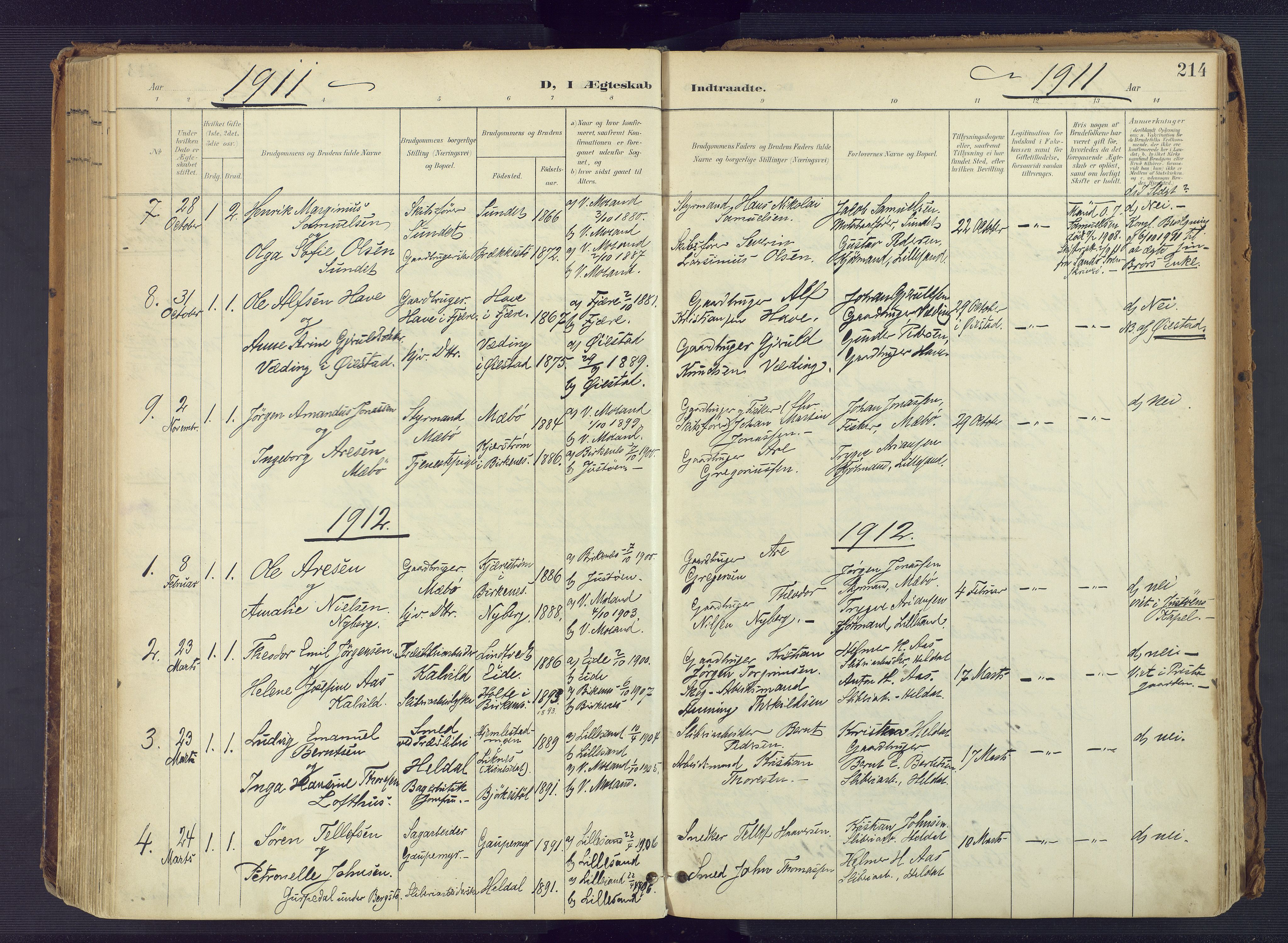 Vestre Moland sokneprestkontor, SAK/1111-0046/F/Fa/Fab/L0010: Parish register (official) no. A 10, 1900-1926, p. 214