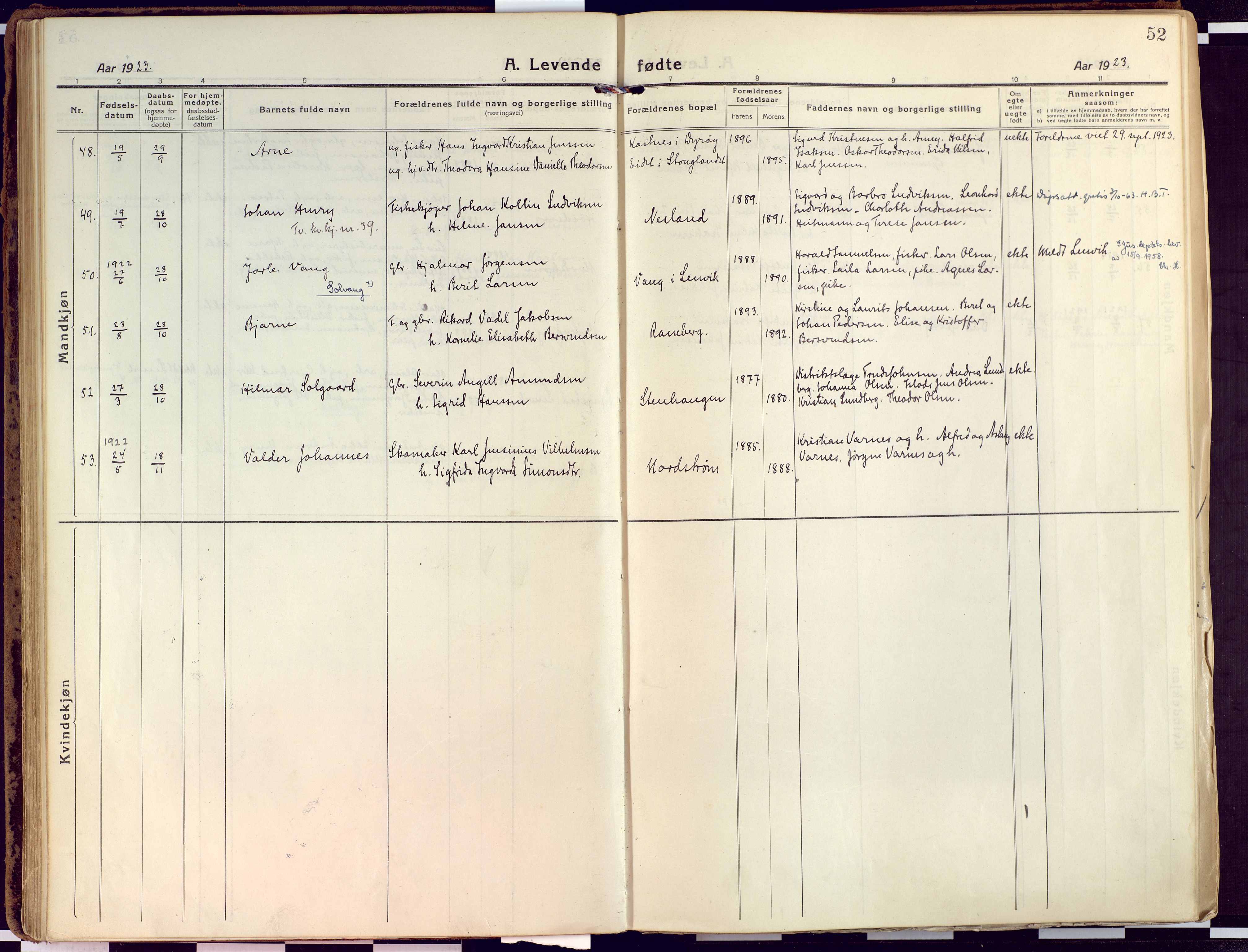 Tranøy sokneprestkontor, AV/SATØ-S-1313/I/Ia/Iaa/L0015kirke: Parish register (official) no. 15, 1919-1928, p. 52