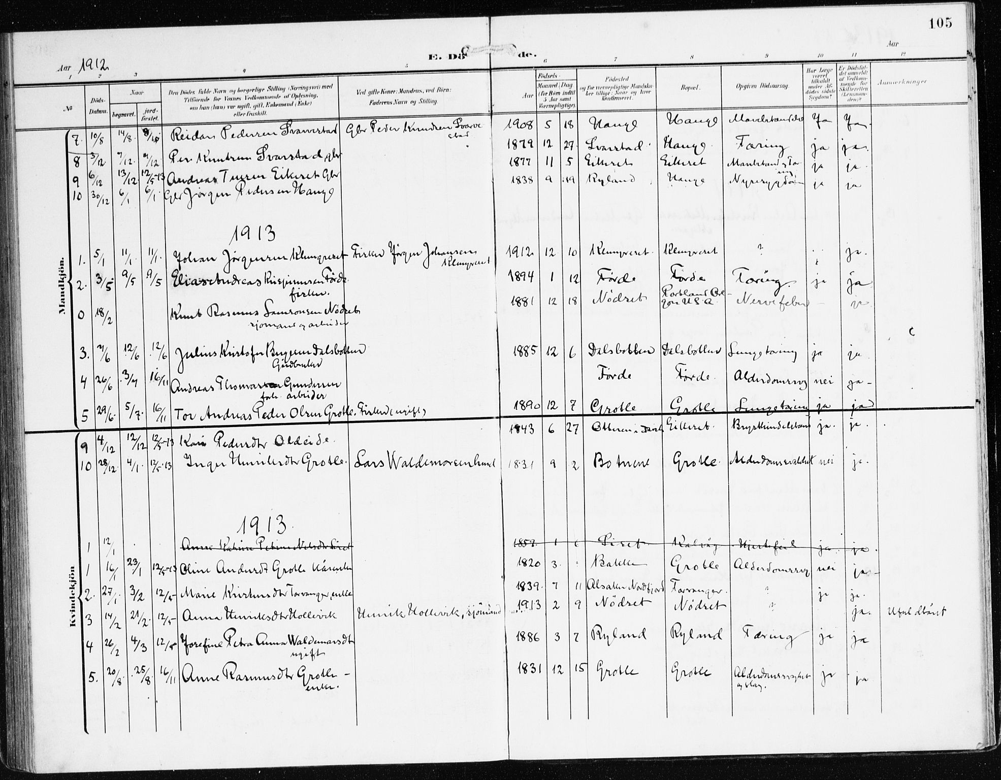 Bremanger sokneprestembete, SAB/A-82201/H/Haa/Haac/L0001: Parish register (official) no. C 1, 1908-1921, p. 105