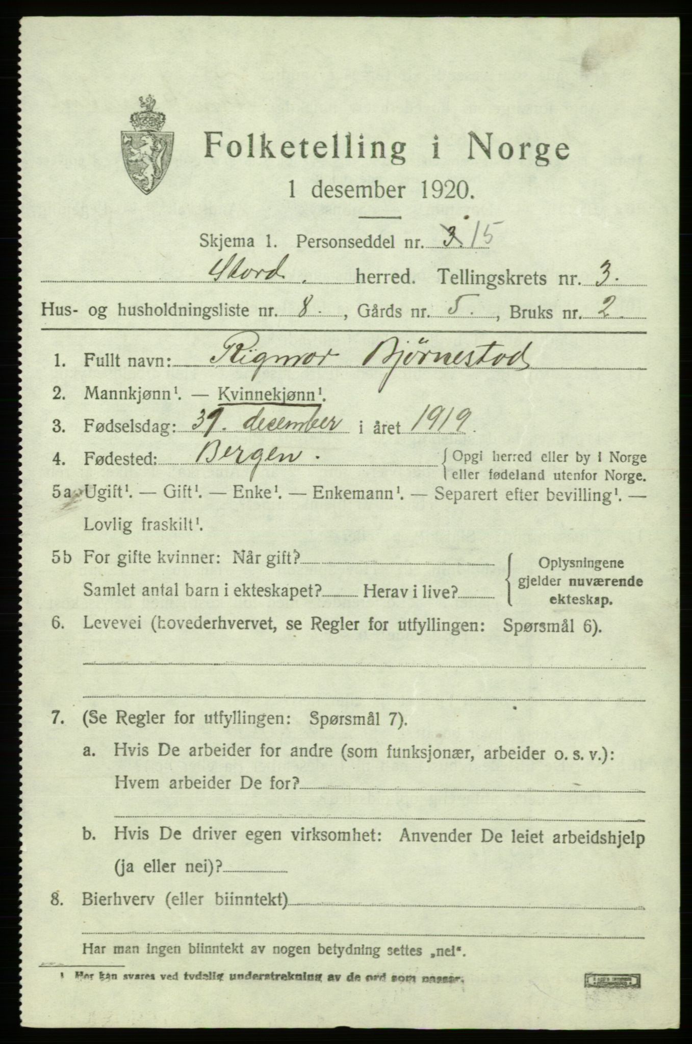 SAB, 1920 census for Stord, 1920, p. 1931