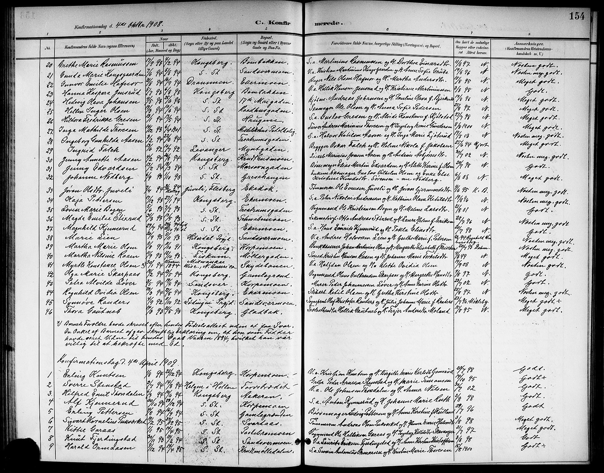Kongsberg kirkebøker, SAKO/A-22/G/Ga/L0007: Parish register (copy) no. 7, 1901-1915, p. 154