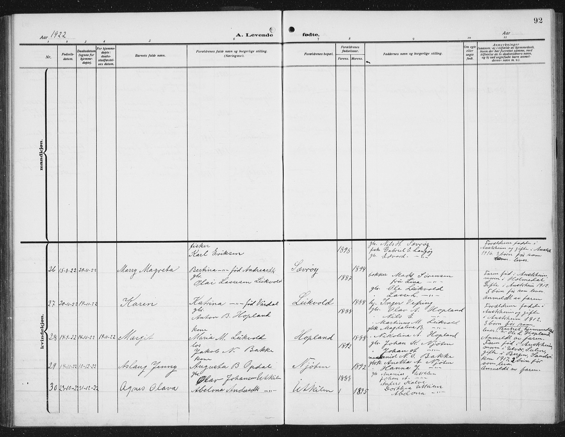 Lindås Sokneprestembete, AV/SAB-A-76701/H/Hab/Habc/L0005: Parish register (copy) no. C 5, 1910-1927, p. 92