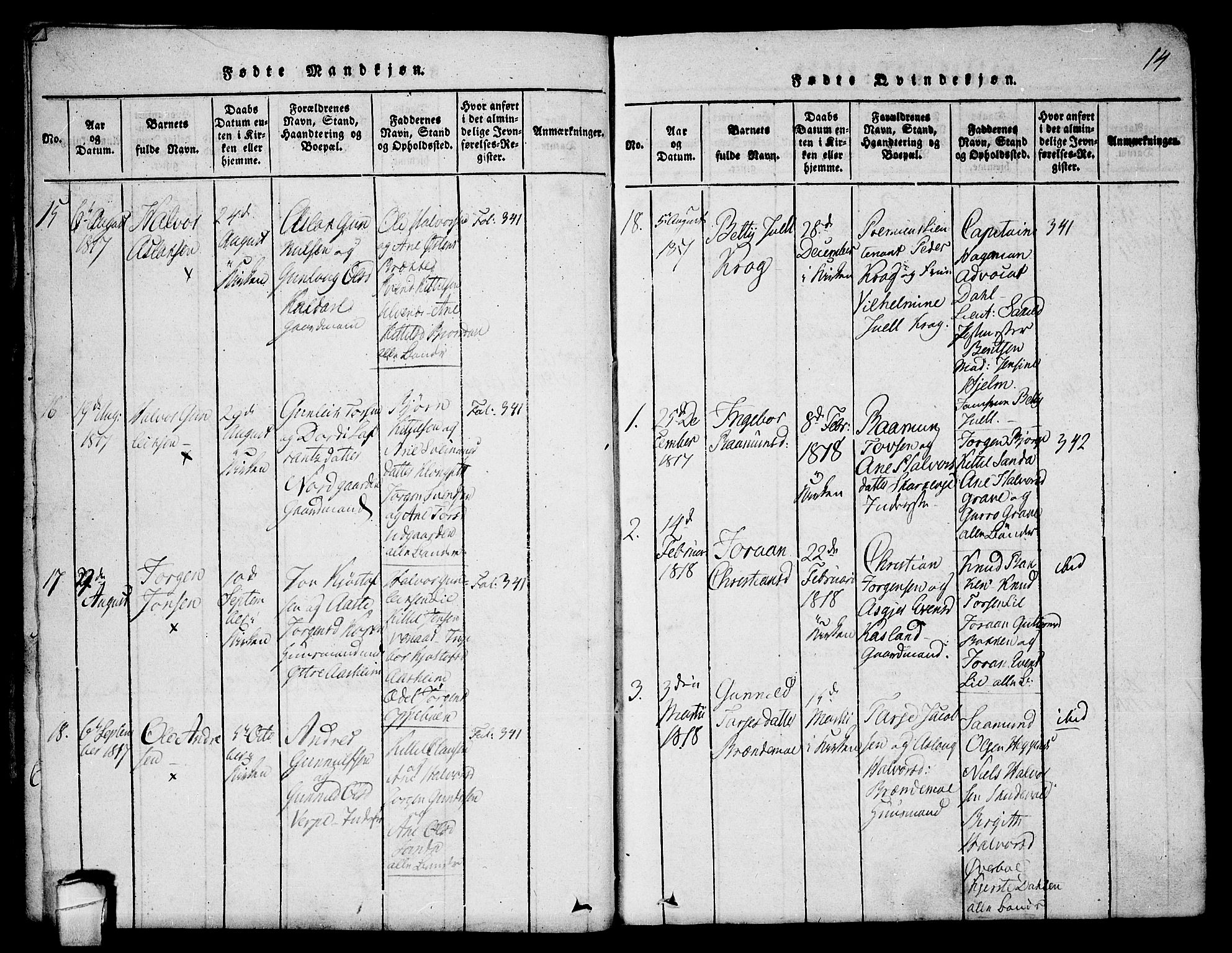 Seljord kirkebøker, SAKO/A-20/F/Fa/L0010: Parish register (official) no. I 10, 1815-1831, p. 14