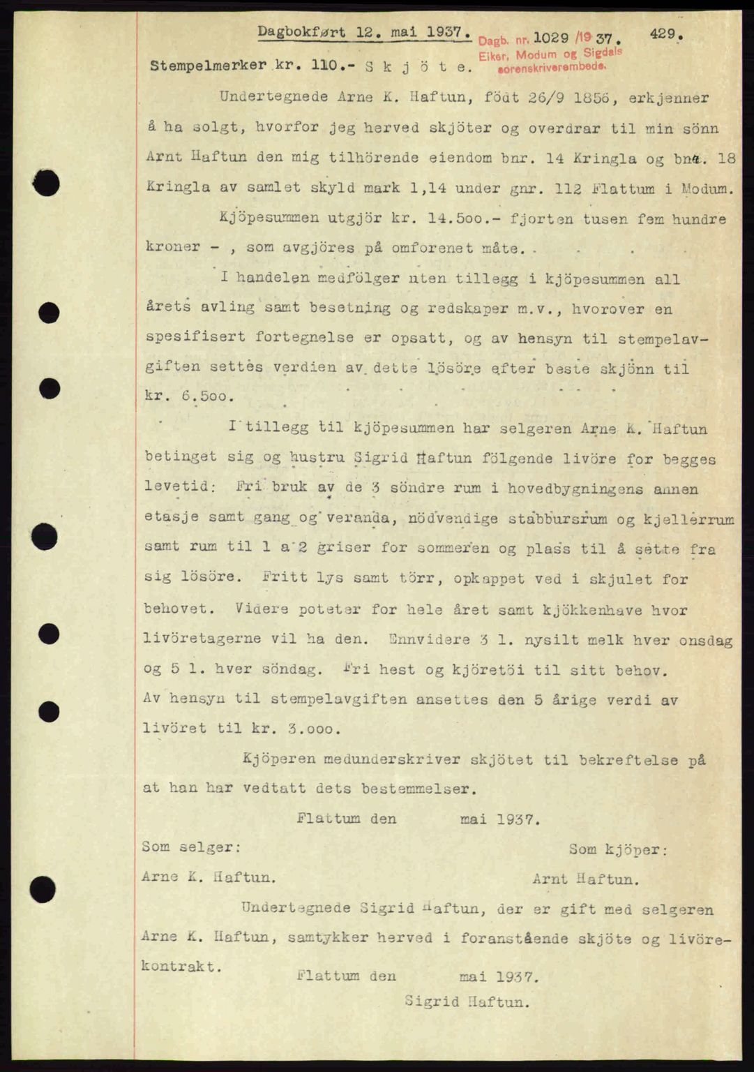 Eiker, Modum og Sigdal sorenskriveri, SAKO/A-123/G/Ga/Gab/L0035: Mortgage book no. A5, 1937-1937, Diary no: : 1029/1937
