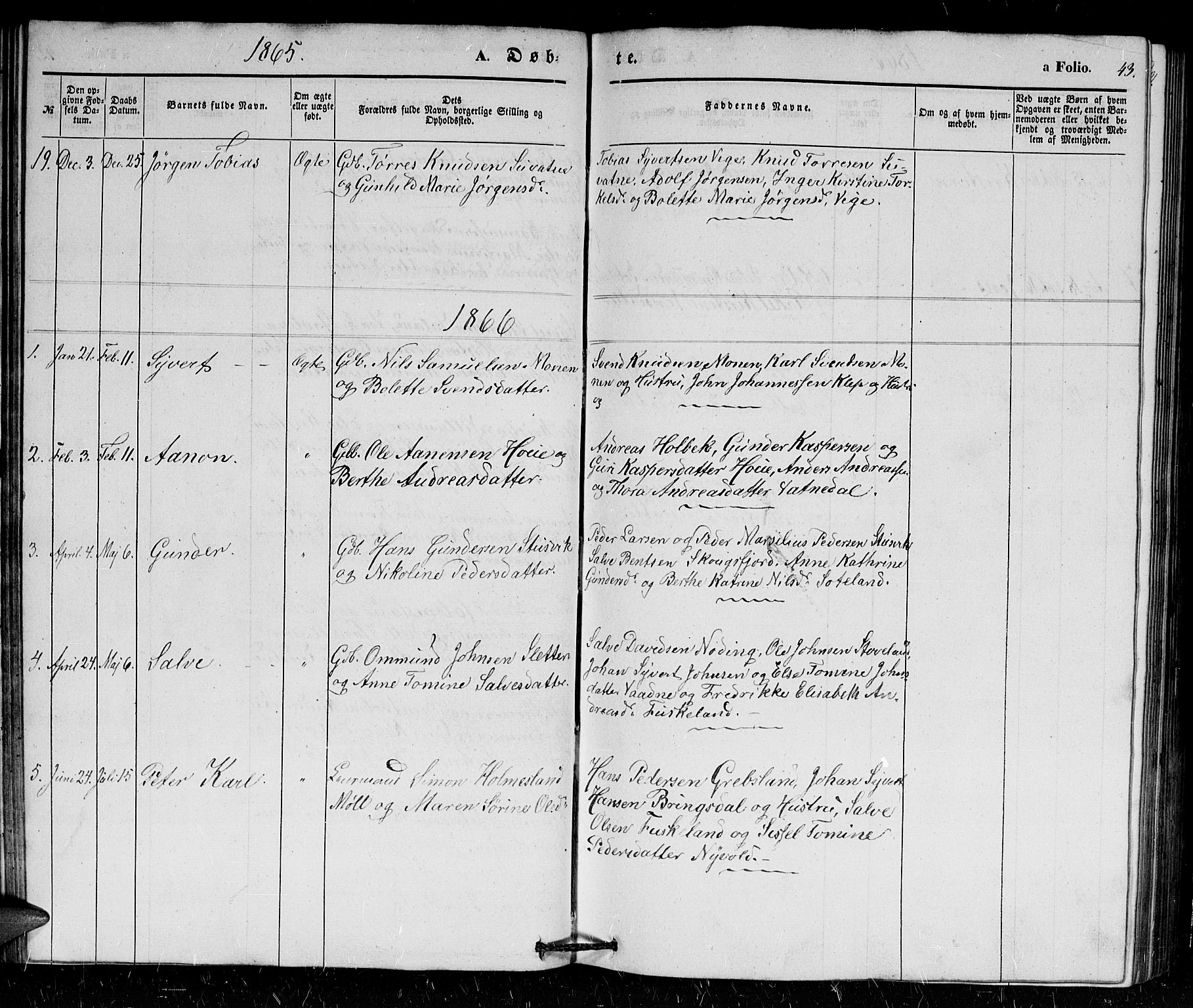 Holum sokneprestkontor, SAK/1111-0022/F/Fb/Fba/L0003: Parish register (copy) no. B 3, 1850-1866, p. 43