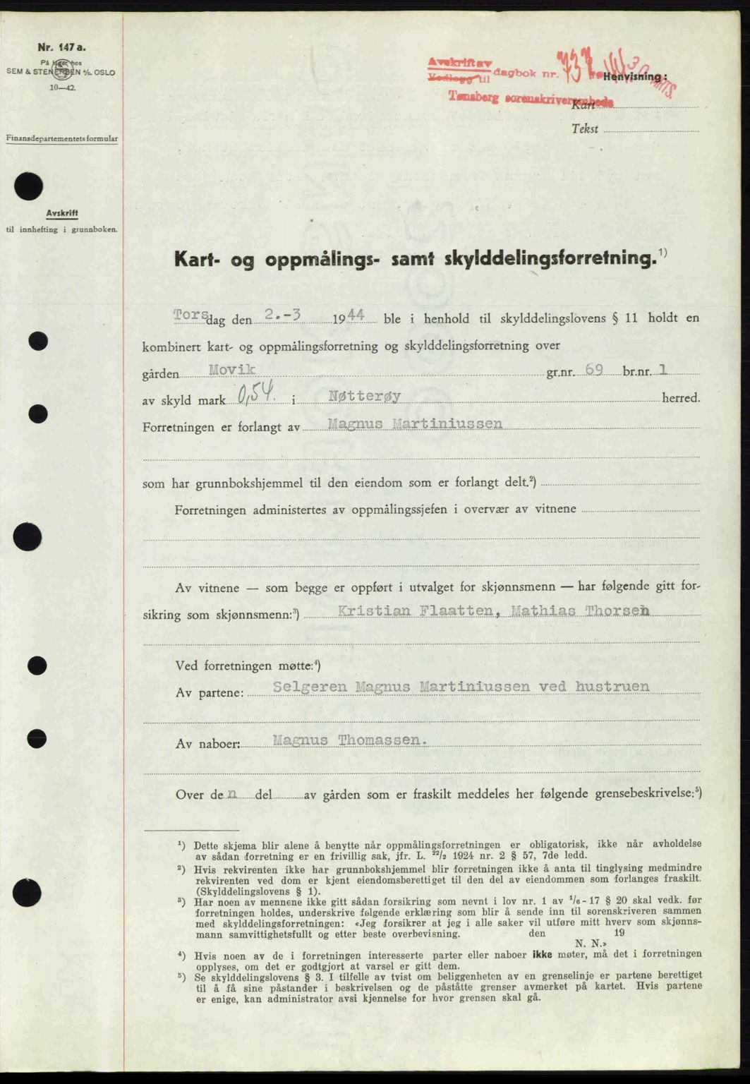 Tønsberg sorenskriveri, AV/SAKO-A-130/G/Ga/Gaa/L0015: Mortgage book no. A15, 1944-1944, Diary no: : 737/1944