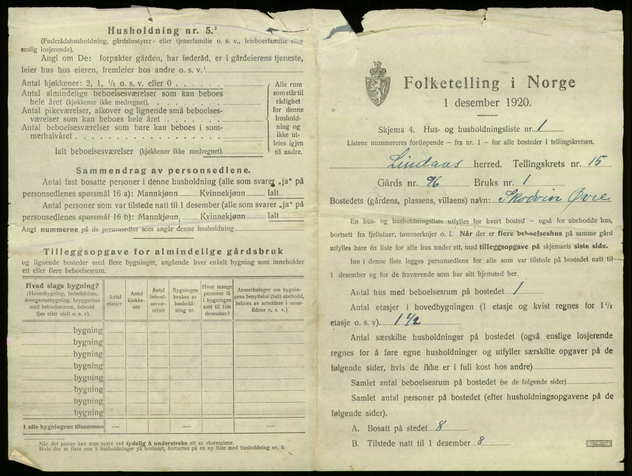 SAB, 1920 census for Lindås, 1920, p. 997