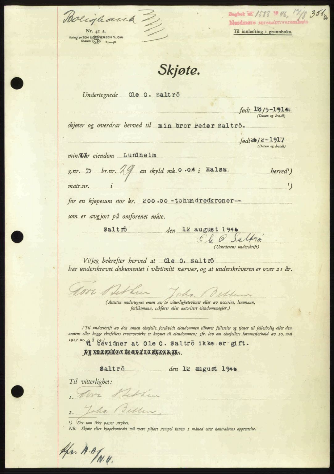 Nordmøre sorenskriveri, AV/SAT-A-4132/1/2/2Ca: Mortgage book no. A102, 1946-1946, Diary no: : 1588/1946